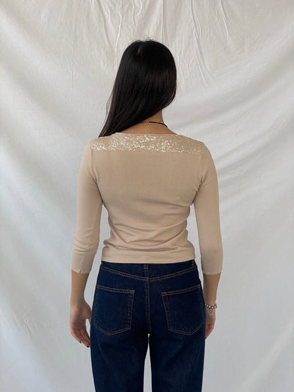 Y2K Caractêre Beige Beaded Round Neck Women’s Top - S - Balagan Vintage Full Sleeve Top 00s, full sleeve top, Syntia, women top