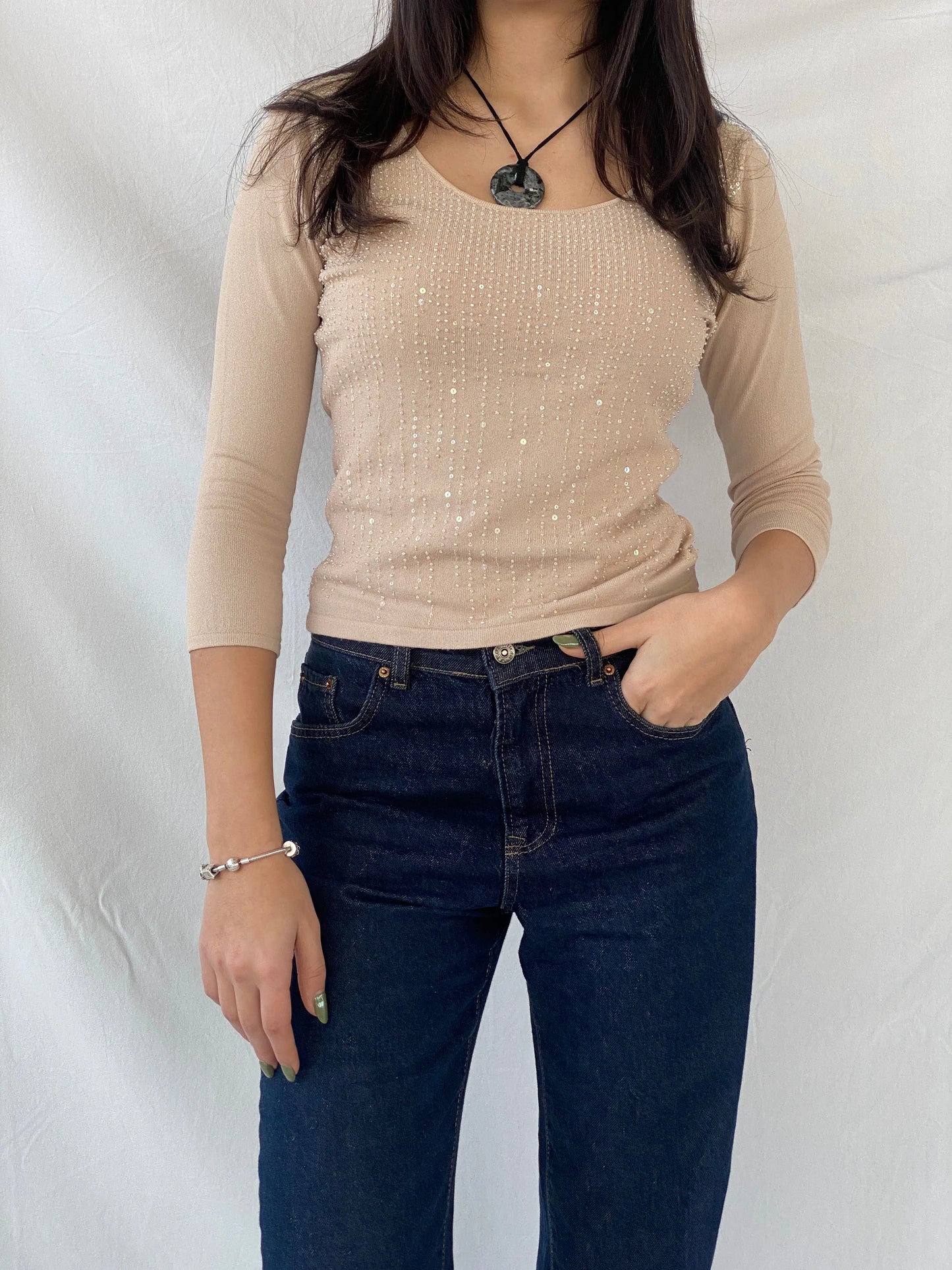 Y2K Caractêre Beige Beaded Round Neck Women’s Top - S - Balagan Vintage Full Sleeve Top 00s, full sleeve top, Syntia, women top