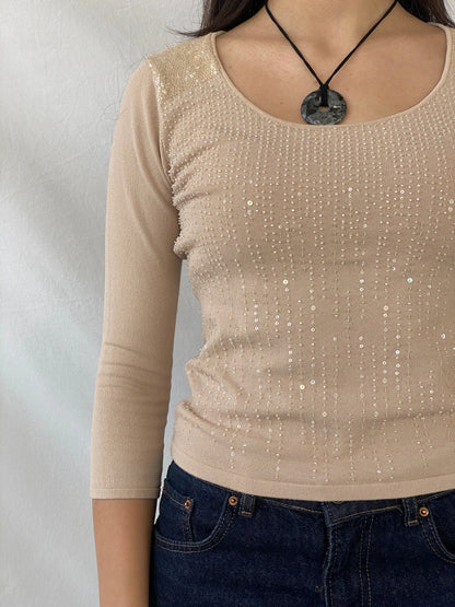 Y2K Caractêre Beige Beaded Round Neck Women’s Top - S - Balagan Vintage Full Sleeve Top 00s, full sleeve top, Syntia, women top
