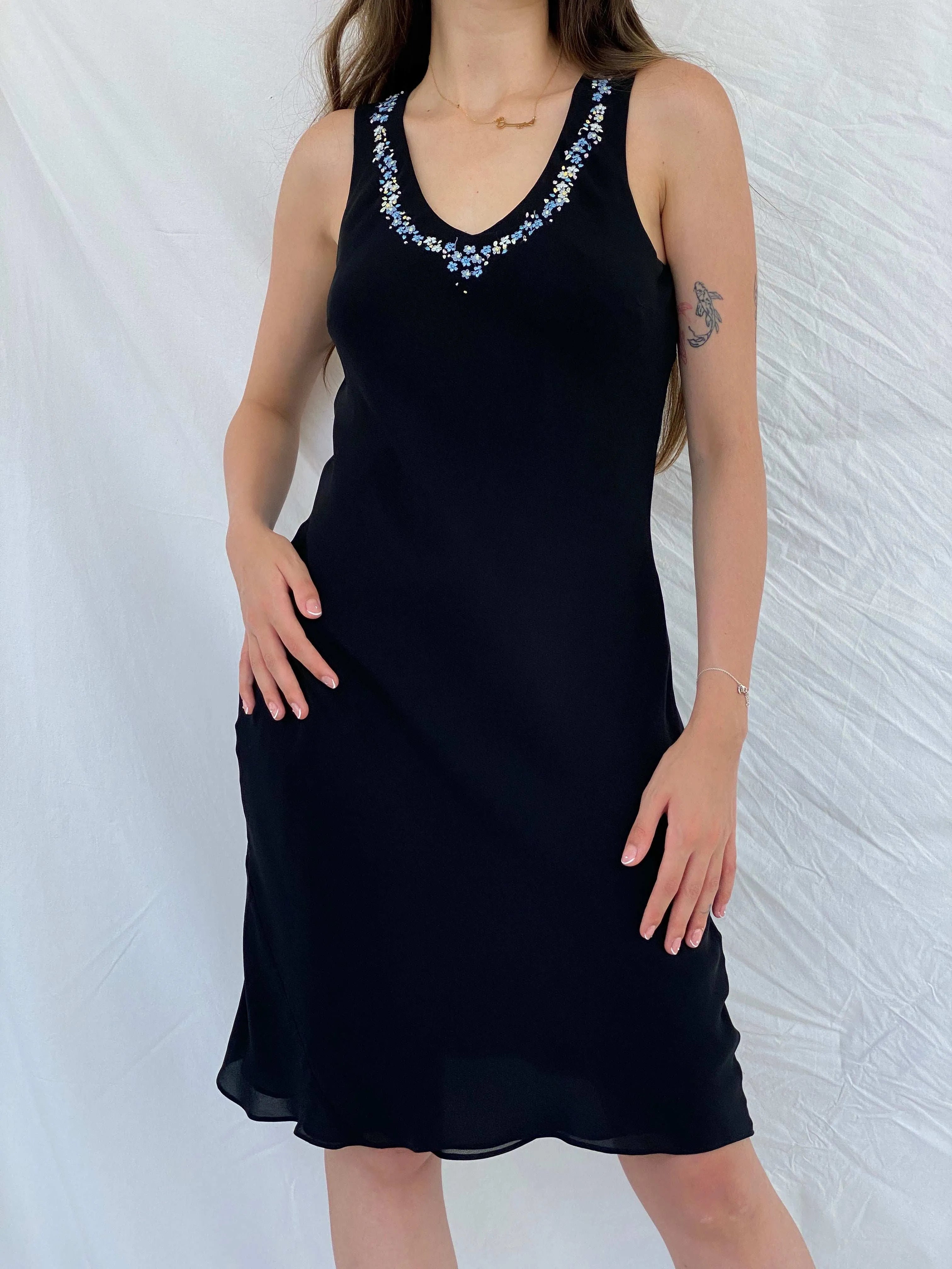 Y2K Casual Corner Embroidered Midi Silk Dress - S - Balagan Vintage Midi Dress 00s, 90s, Deals, midi dress, Mira