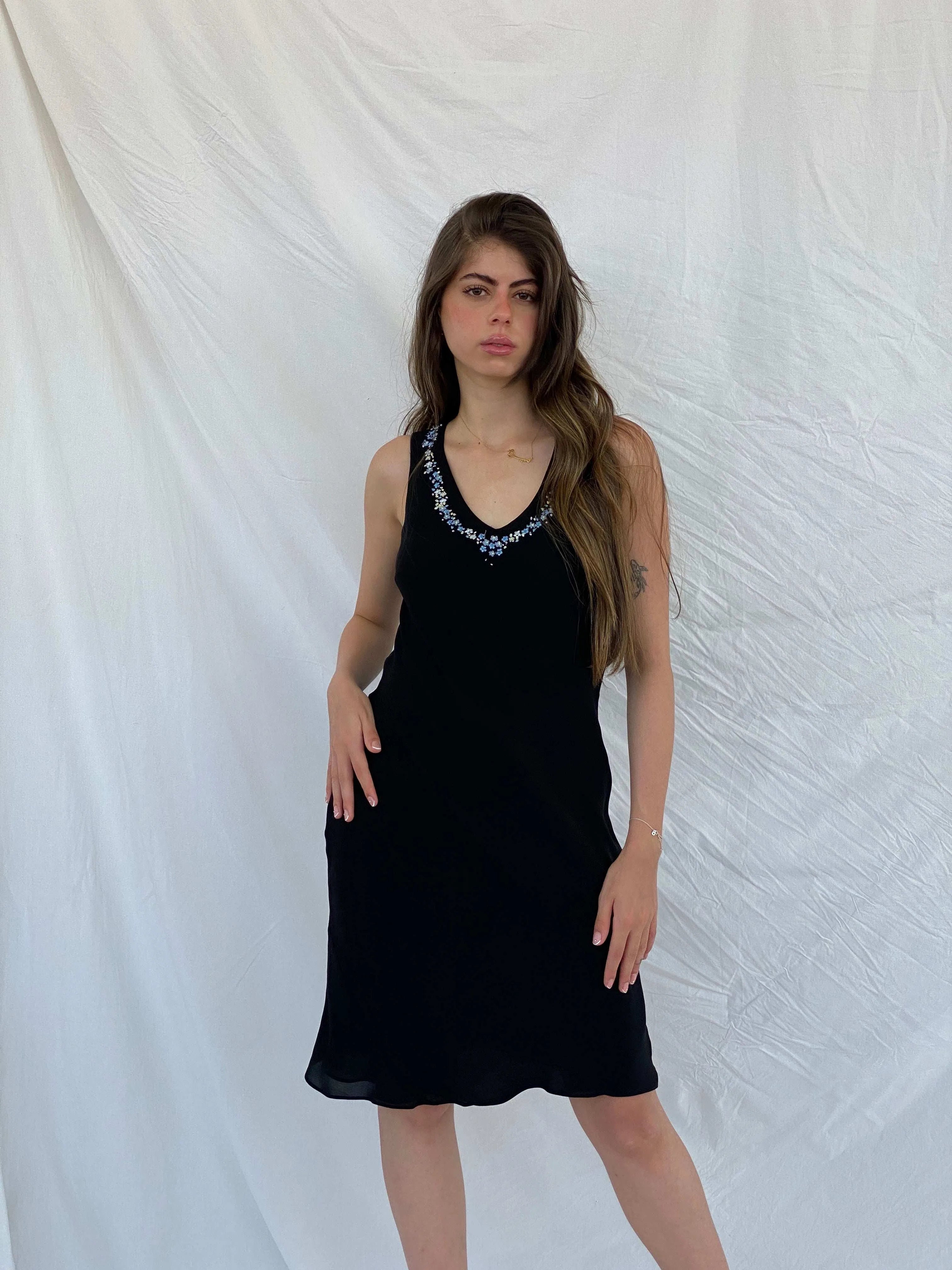 Y2K Casual Corner Embroidered Midi Silk Dress - S - Balagan Vintage Midi Dress 00s, 90s, Deals, midi dress, Mira