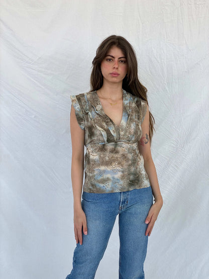 Y2K Chantal Rosner Sheer Floral Ruffled Collar Beige Blouse - M - Balagan Vintage Half Sleeve Top 00s, 90s, floral, floral print, floral top, Mira