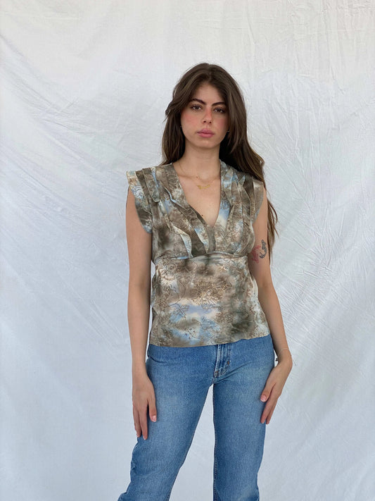 Y2K Chantal Rosner Sheer Floral Ruffled Collar Beige Blouse - M - Balagan Vintage Half Sleeve Top 00s, 90s, floral, floral print, floral top, Mira