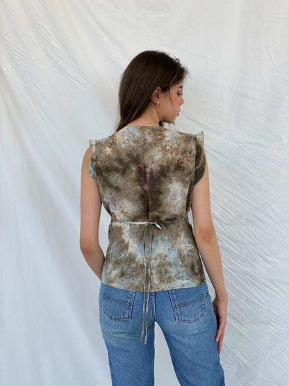 Y2K Chantal Rosner Sheer Floral Ruffled Collar Beige Blouse - M - Balagan Vintage Half Sleeve Top 00s, 90s, floral, floral print, floral top, Mira