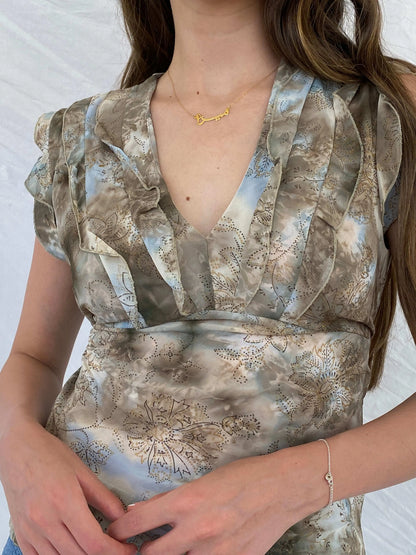 Y2K Chantal Rosner Sheer Floral Ruffled Collar Beige Blouse - M - Balagan Vintage Half Sleeve Top 00s, 90s, floral, floral print, floral top, Mira