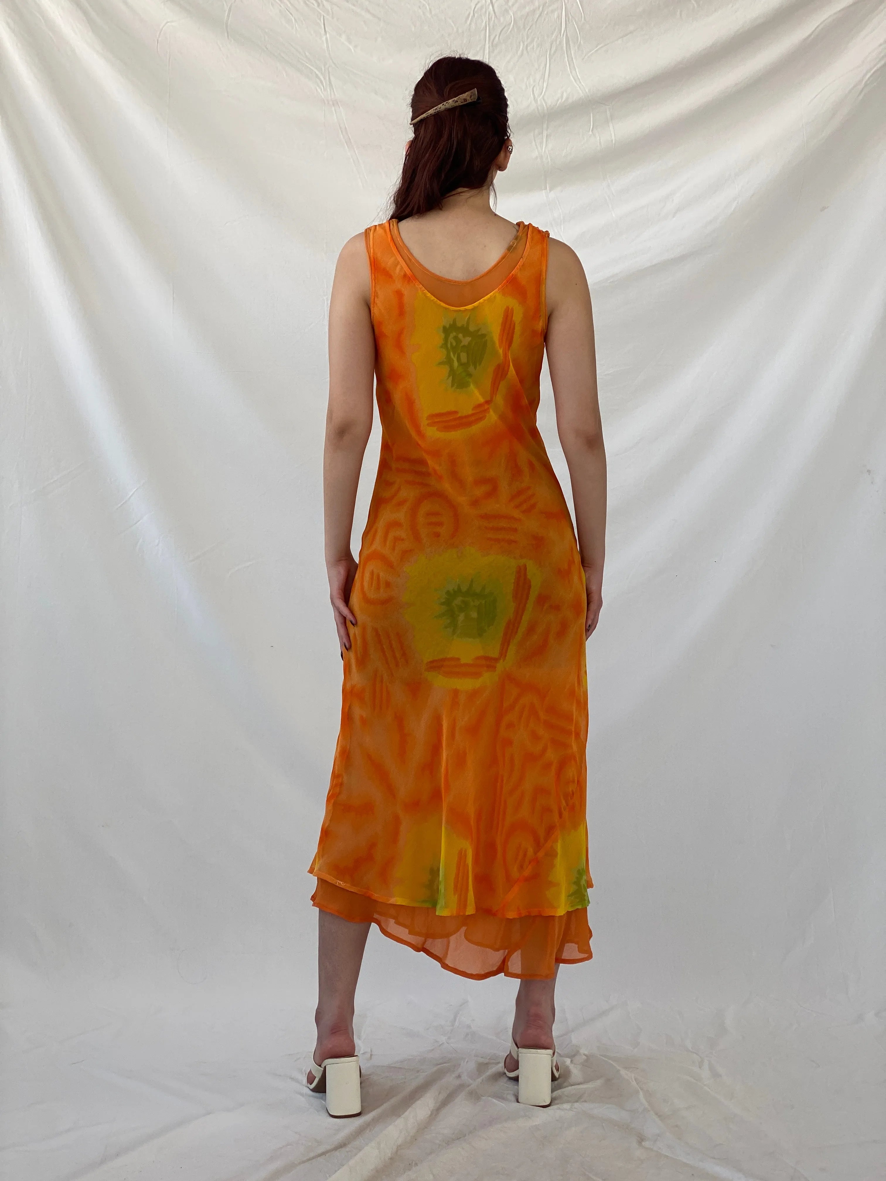 Y2K Chiffon Orange Tie Dye Sheer Maxi Dress - M - Balagan Vintage Midi Dress Ayah, dress, midi dress, NEW IN, summer, summer dress