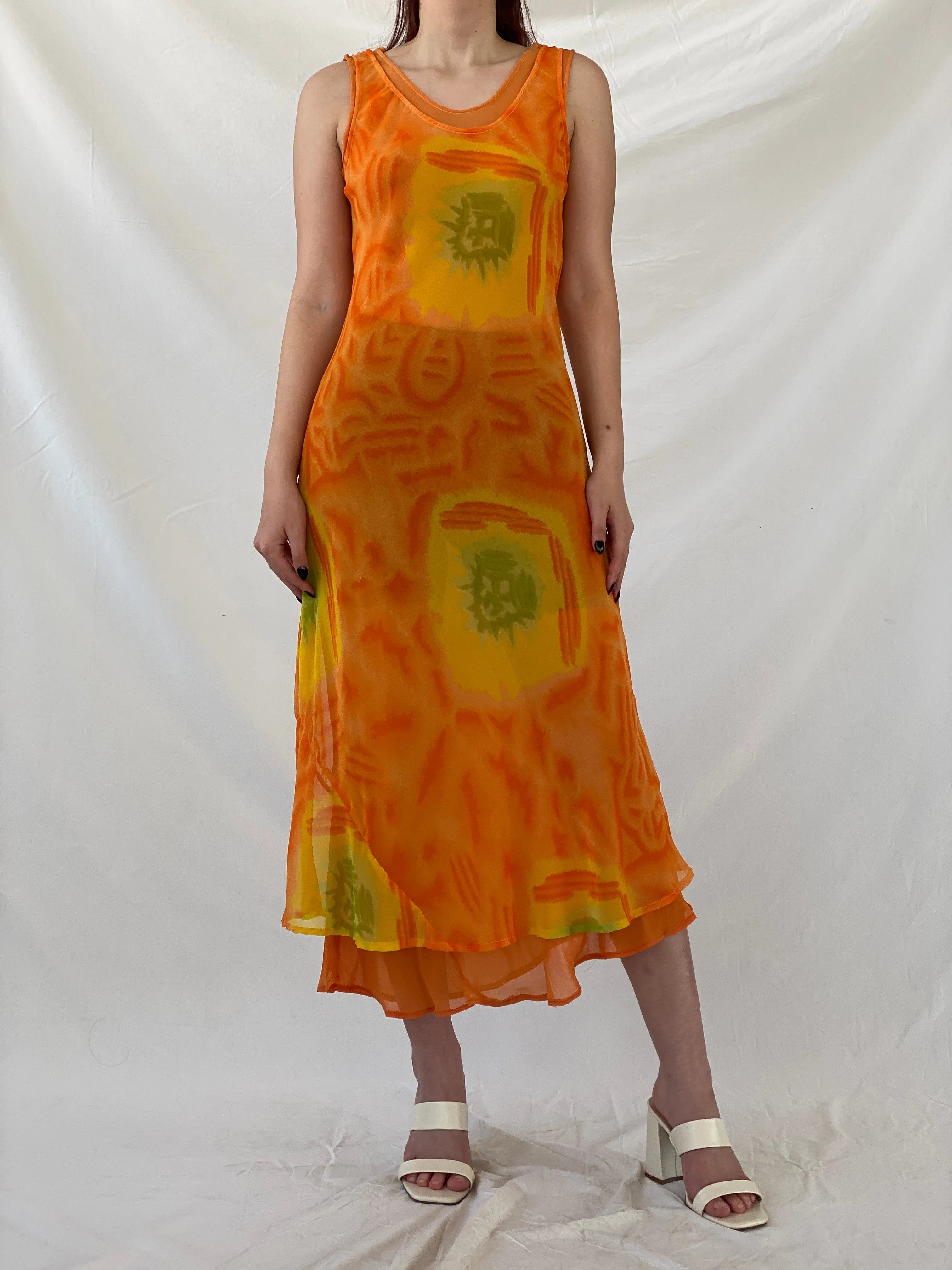 Y2K Chiffon Orange Tie Dye Sheer Maxi Dress - M - Balagan Vintage Midi Dress Ayah, dress, midi dress, NEW IN, summer, summer dress