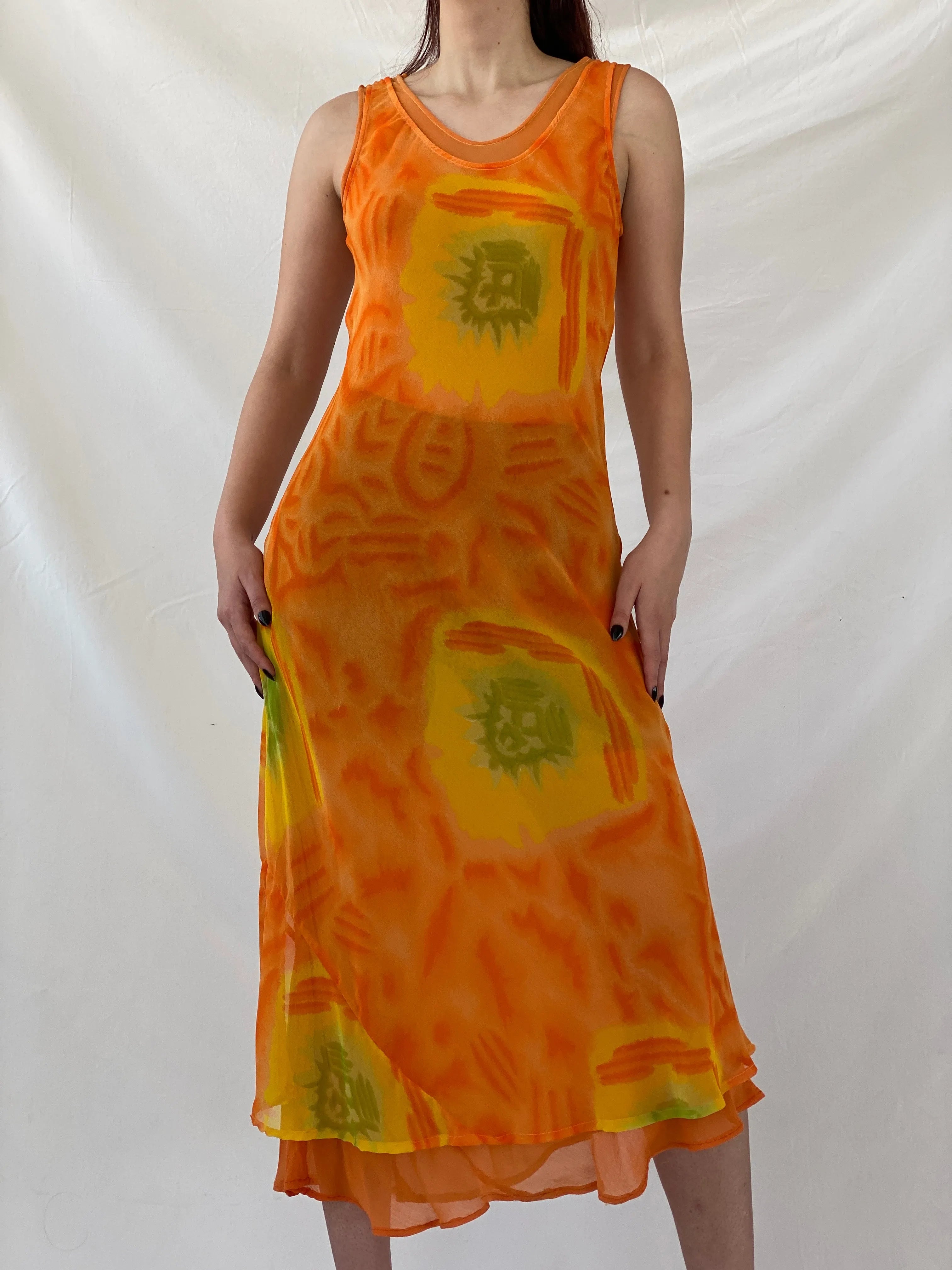Y2K Chiffon Orange Tie Dye Sheer Maxi Dress - M - Balagan Vintage Midi Dress Ayah, dress, midi dress, NEW IN, summer, summer dress