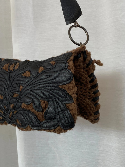 Y2K Chine Belgian Design Brown Crochet and Leather Shoulder Bag - Balagan Vintage Handbags 90s, bag, shoulder bag