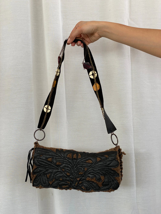 Y2K Chine Belgian Design Brown Crochet and Leather Shoulder Bag - Balagan Vintage Handbags 90s, bag, shoulder bag