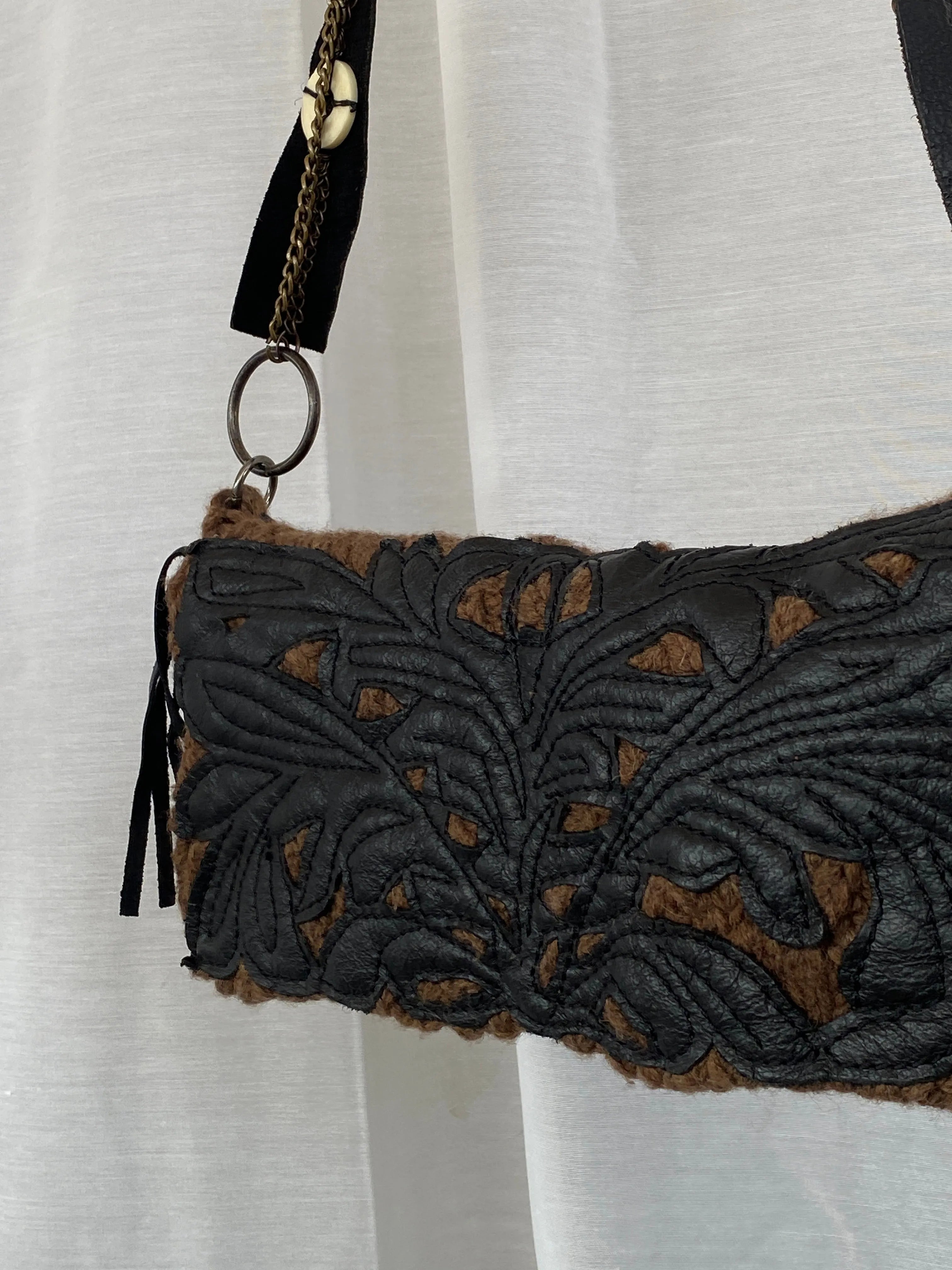 Y2K Chine Belgian Design Brown Crochet and Leather Shoulder Bag - Balagan Vintage Handbags 90s, bag, shoulder bag