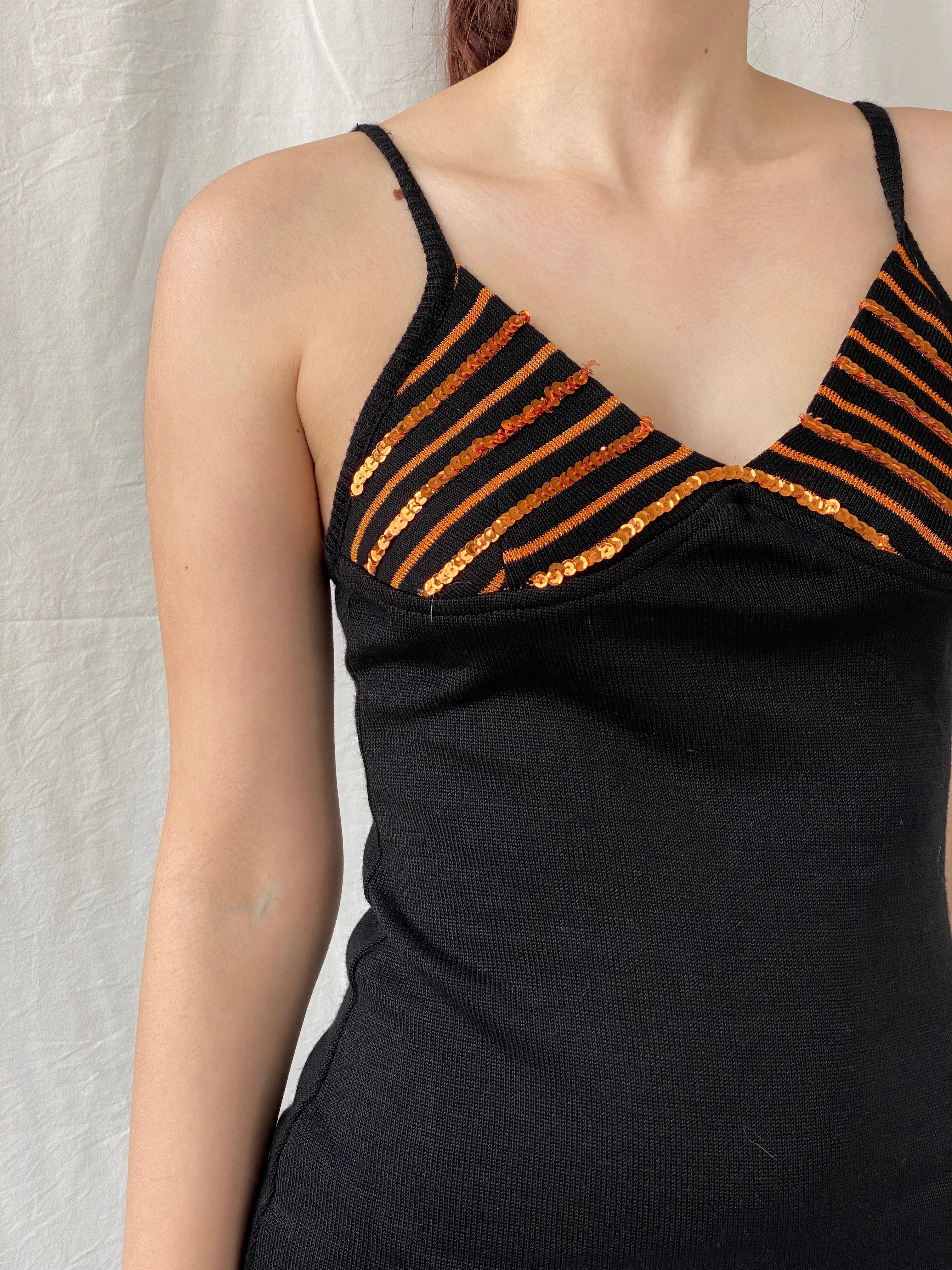 Y2K Cocobis Black Knitted Orange Sequin Spaghetti Strap Fitted Slip Midi Dress - M - Balagan Vintage Midi Dress Ayah, dress, midi dress, summer dress, winter