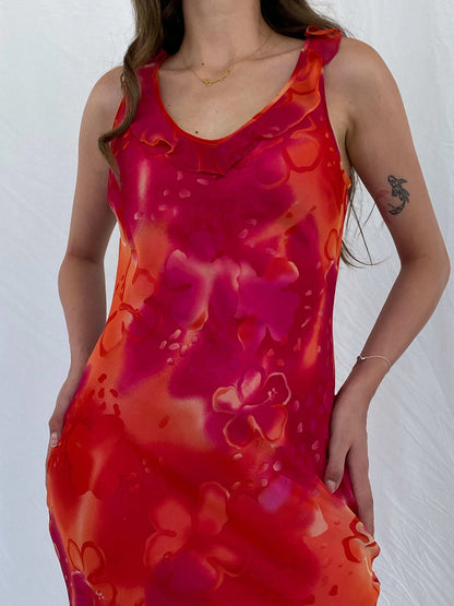 Y2K Cõté Femme Orange & Pink Midi Dress - M - Balagan Vintage Midi Dress 00s, 90s, Deals, dress, midi dress, Mira, Wedding Guest
