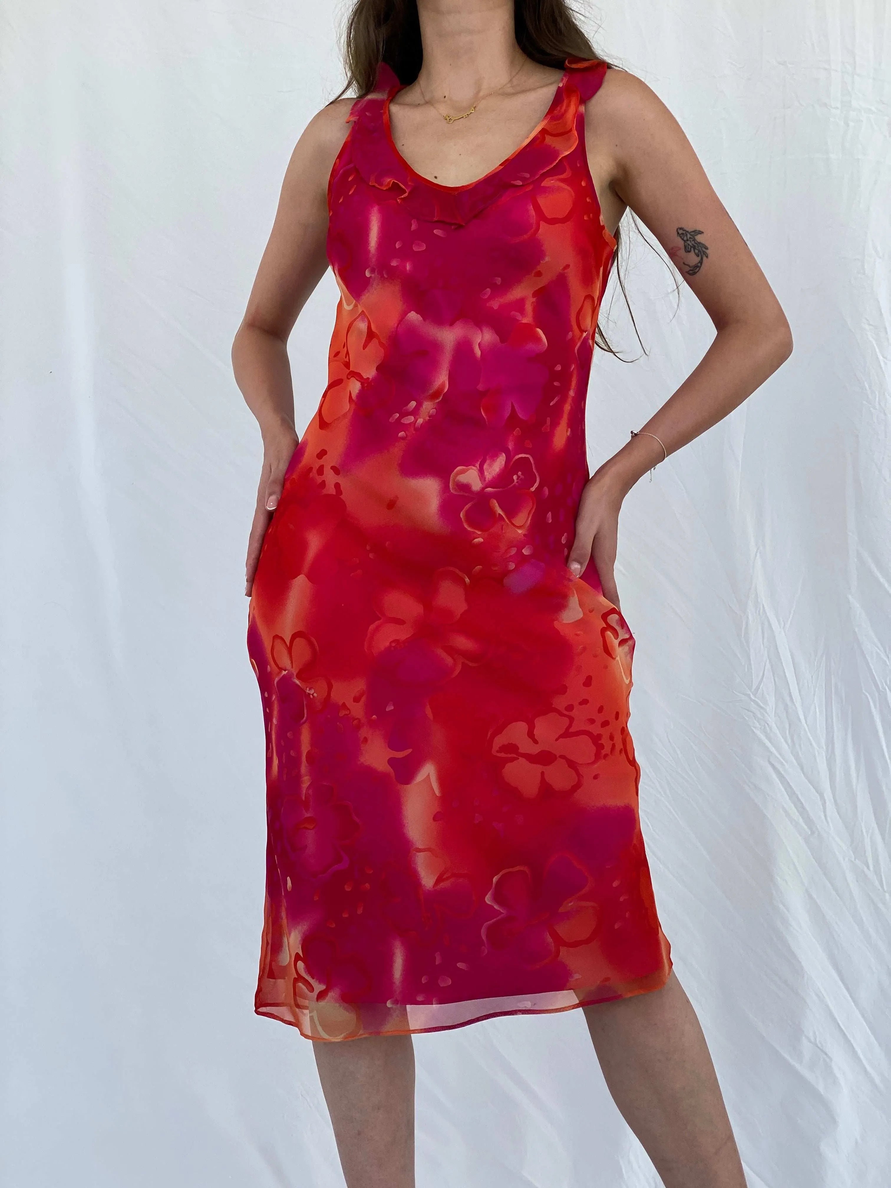 Y2K Cõté Femme Orange & Pink Midi Dress - M - Balagan Vintage Midi Dress 00s, 90s, dress, midi dress, Mira, Wedding Guest