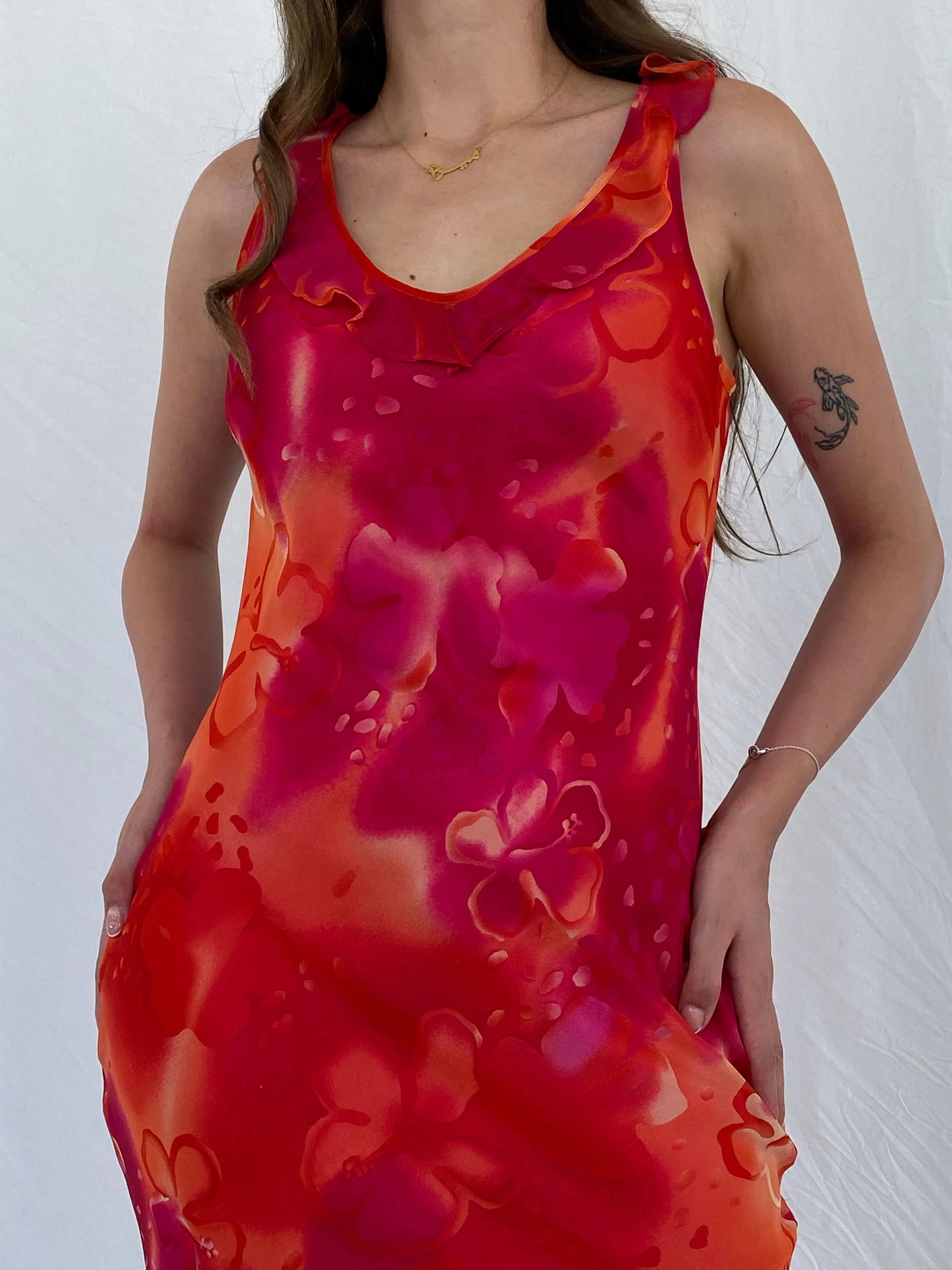 Y2K Cõté Femme Orange & Pink Midi Dress - M - Balagan Vintage Midi Dress 00s, 90s, dress, midi dress, Mira, Wedding Guest