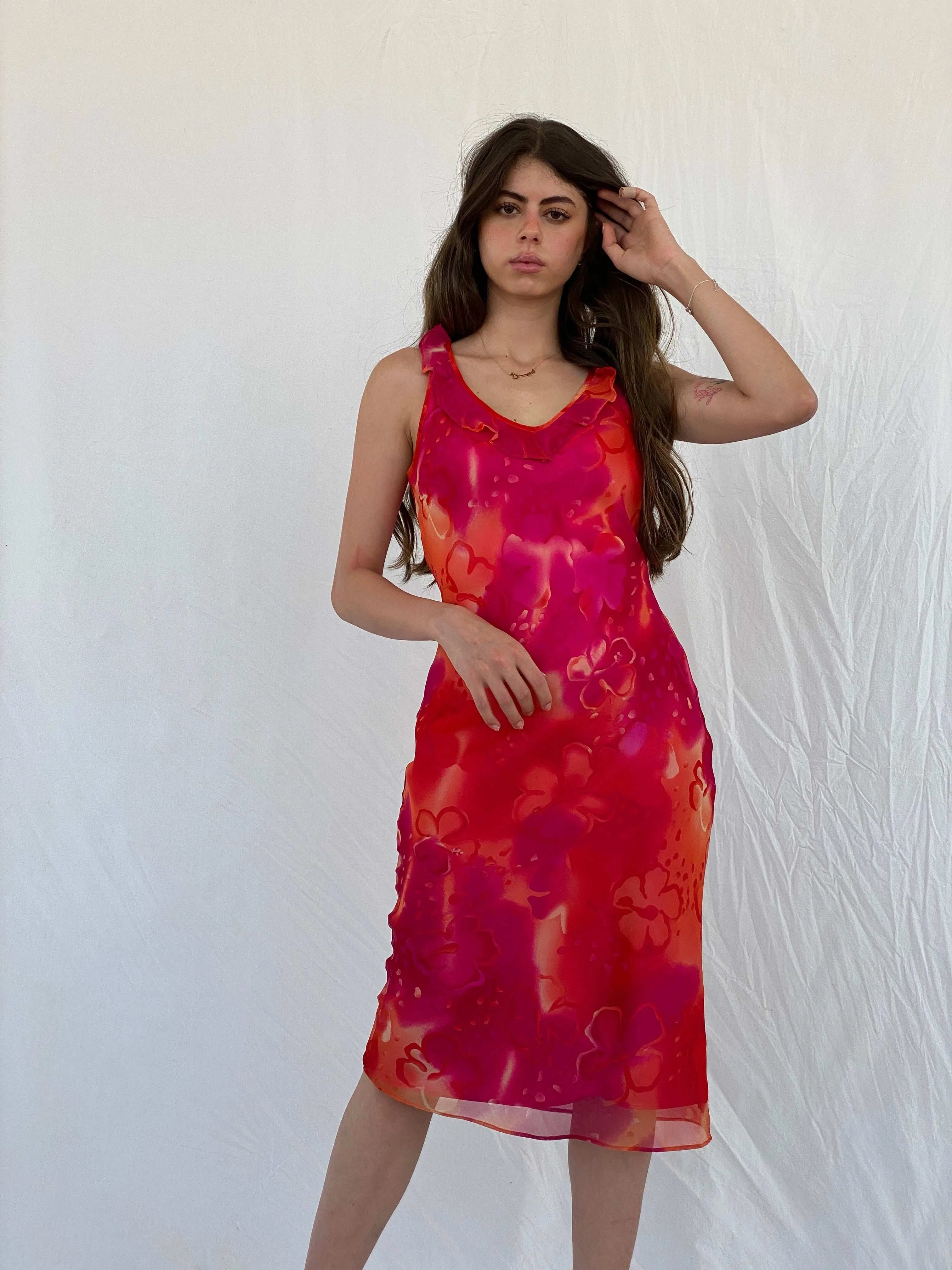 Y2K Cõté Femme Orange & Pink Midi Dress - M - Balagan Vintage Midi Dress 00s, 90s, dress, midi dress, Mira, Wedding Guest
