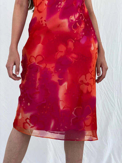 Y2K Cõté Femme Orange & Pink Midi Dress - M - Balagan Vintage Midi Dress 00s, 90s, Deals, dress, midi dress, Mira, Wedding Guest