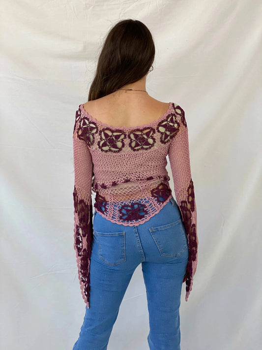 Y2K Crochet Fairy Pink Bell Sleeve Top - M - Balagan Vintage Full Sleeve Top crochet, full sleeve top, Mira