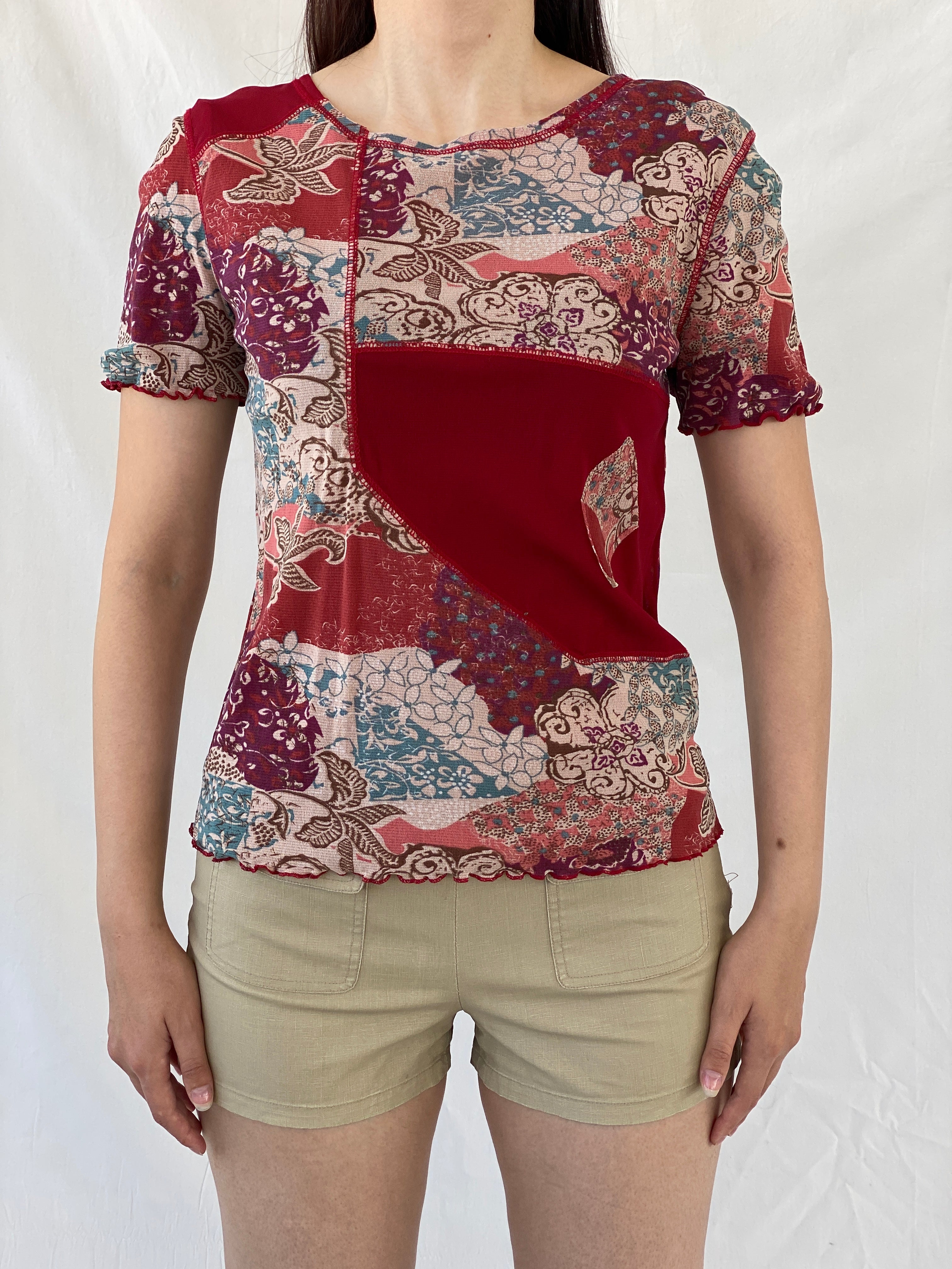Y2K Daxon Red Patchwork Style Floral Short Sleeve Mesh Top - L - Balagan Vintage Half Sleeve Top 00s, Ayah, mesh, mesh top, NEW IN, summer, women top