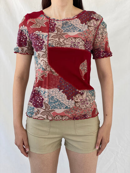Y2K Daxon Red Patchwork Style Floral Short Sleeve Mesh Top - L - Balagan Vintage Half Sleeve Top 00s, Ayah, mesh, mesh top, NEW IN, summer, women top