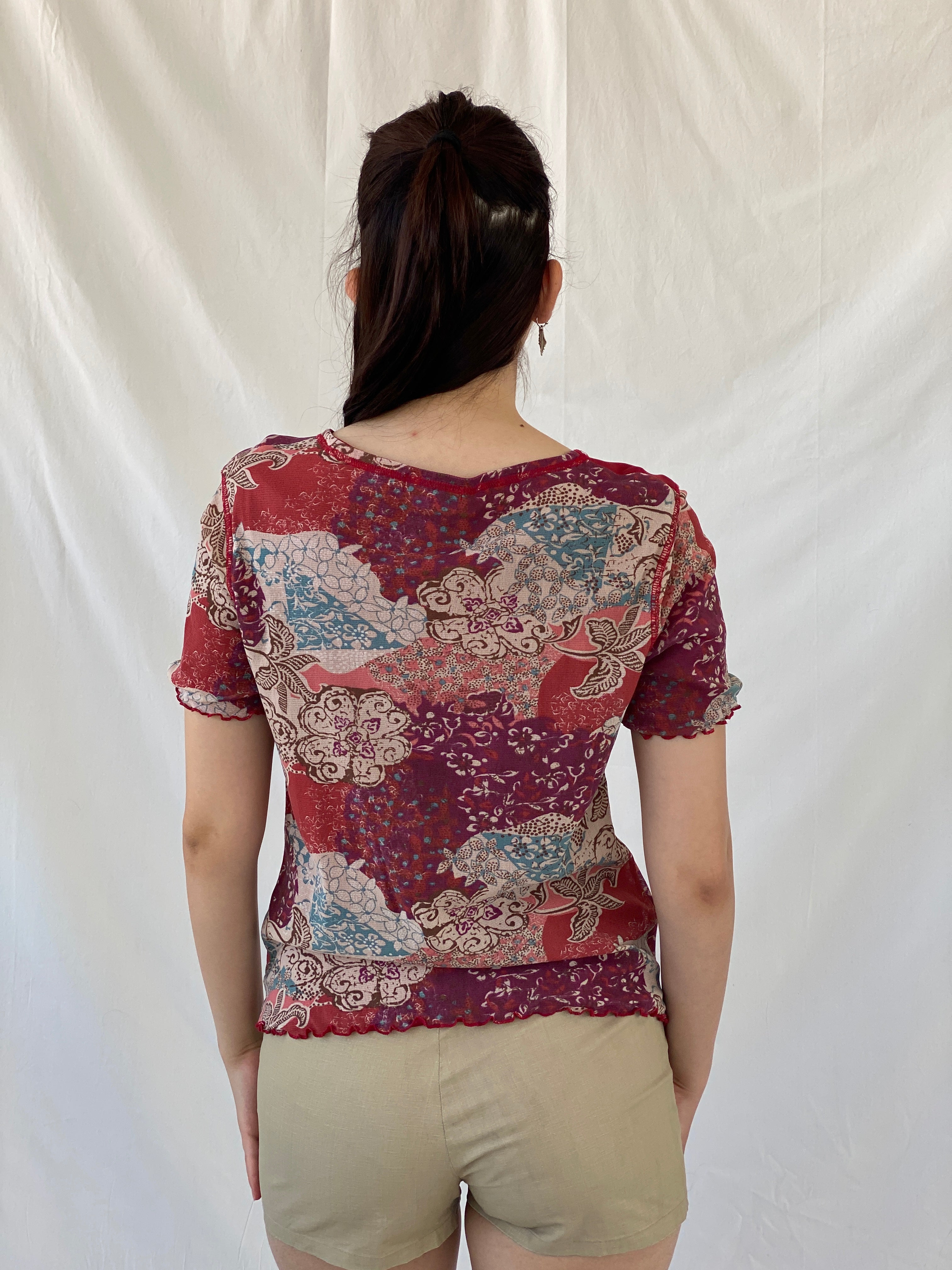 Y2K Daxon Red Patchwork Style Floral Short Sleeve Mesh Top - L - Balagan Vintage Half Sleeve Top 00s, Ayah, mesh, mesh top, NEW IN, summer, women top