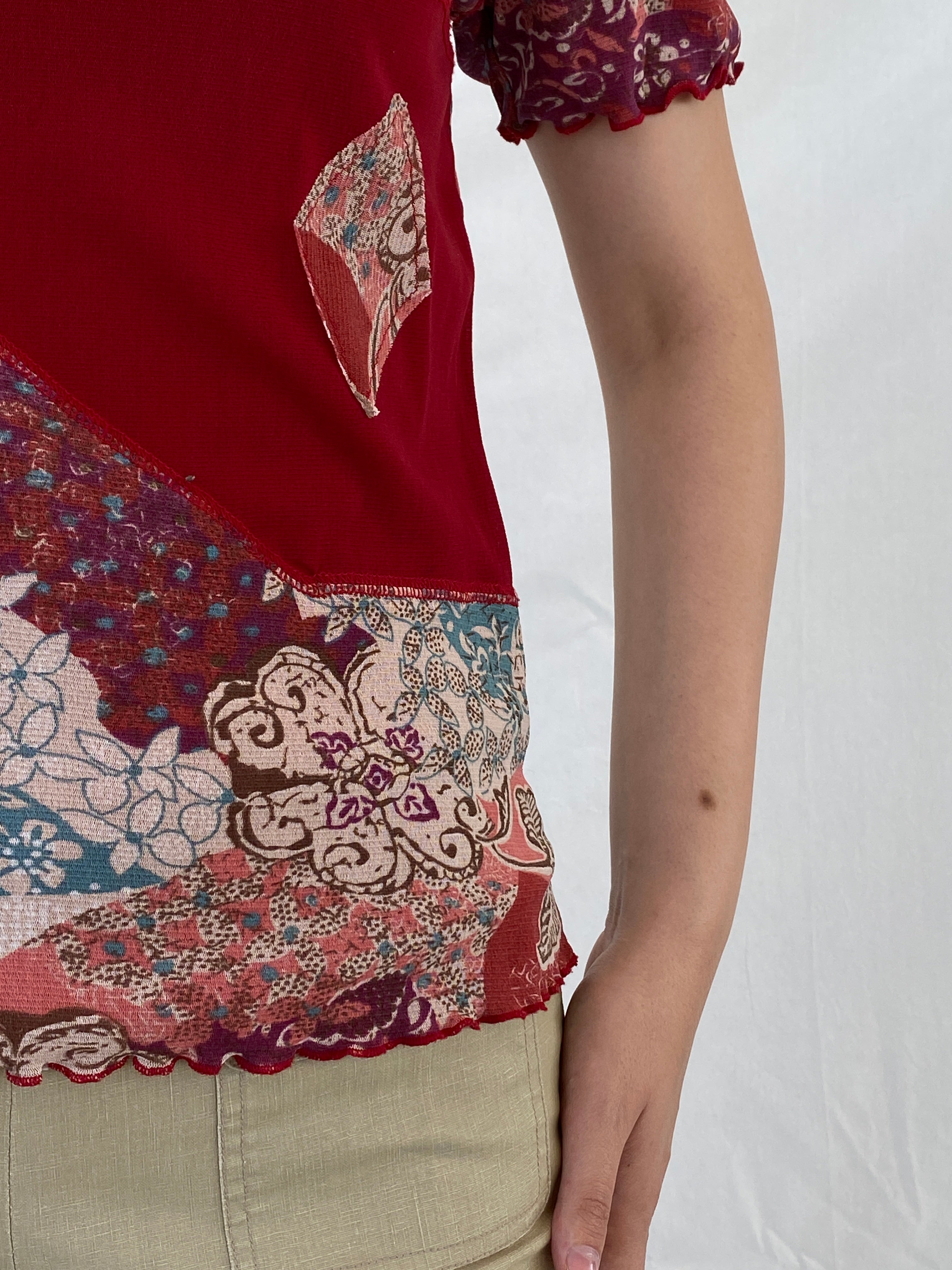 Y2K Daxon Red Patchwork Style Floral Short Sleeve Mesh Top - L - Balagan Vintage Half Sleeve Top 00s, Ayah, mesh, mesh top, NEW IN, summer, women top