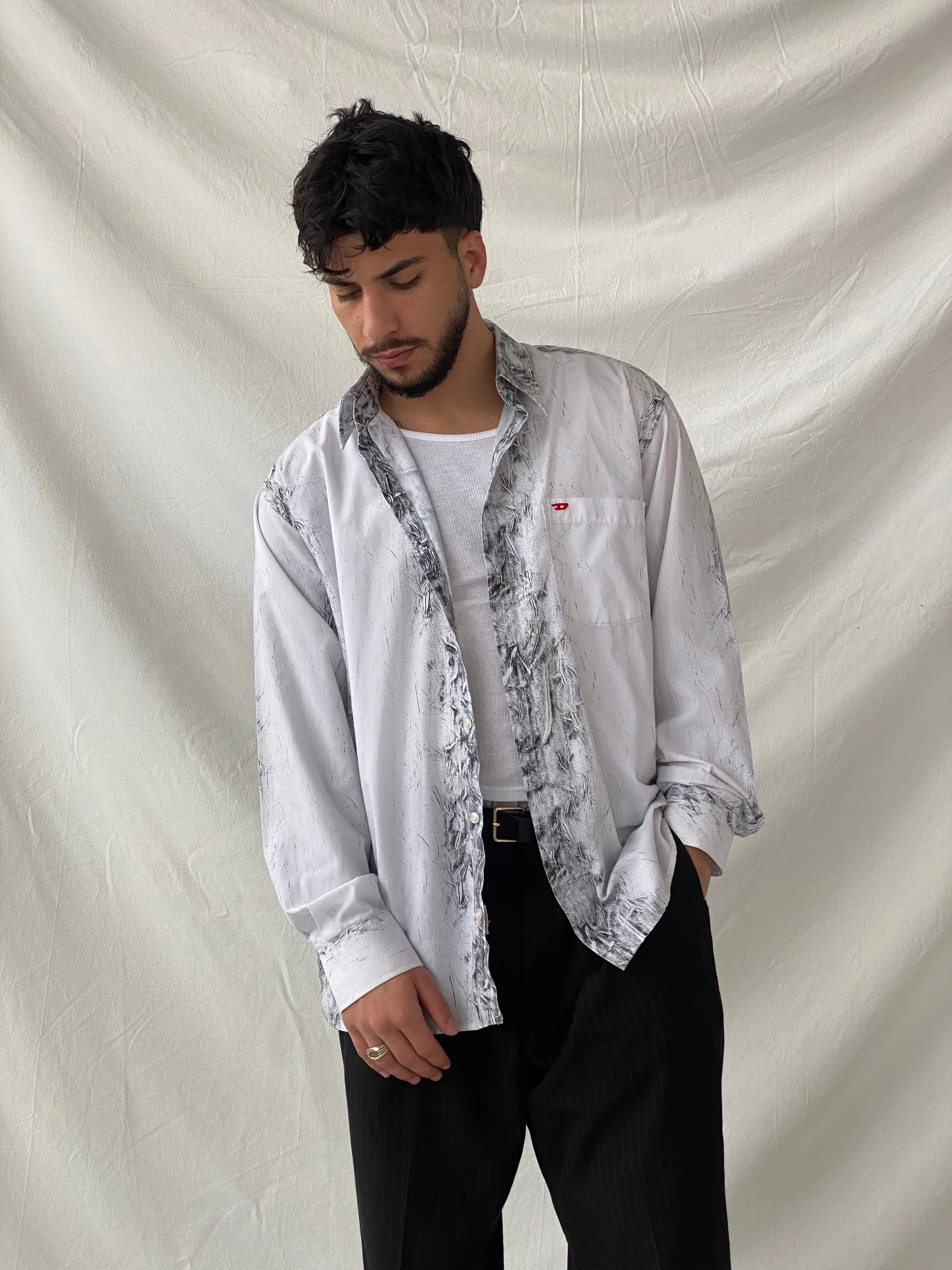 Y2K Diesel Basic Jeans Avant Garde Men’s Long Sleeve Button-Up Shirt - L - Balagan Vintage Full Sleeve Shirt 90s, consignment, Diesel, Hamza, mens shirt, striped, striped shirt, winter