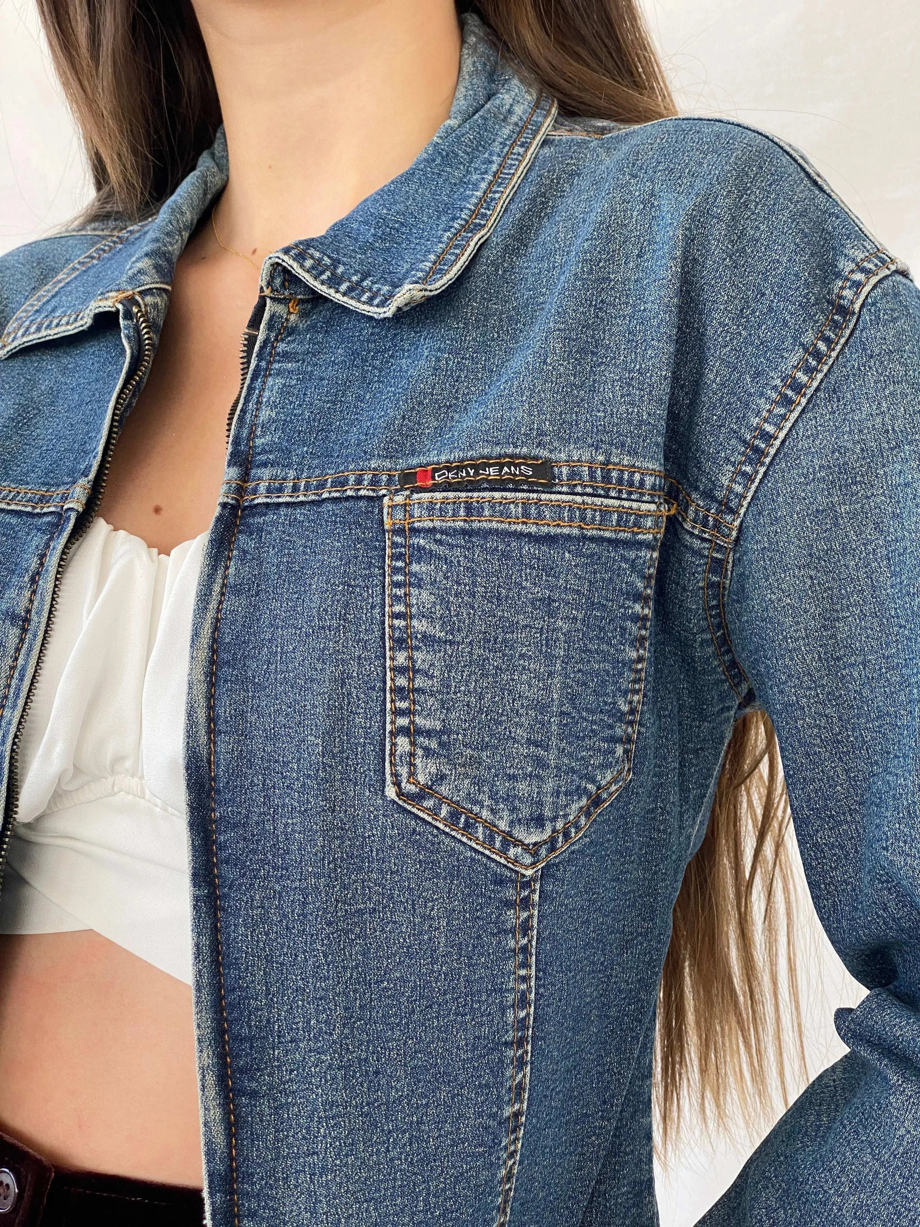 Y2K DKNY Short Fitted Zip Up Denim Jacket - XS - Balagan Vintage Denim Jacket 00s, denim, denim jacket, Mira