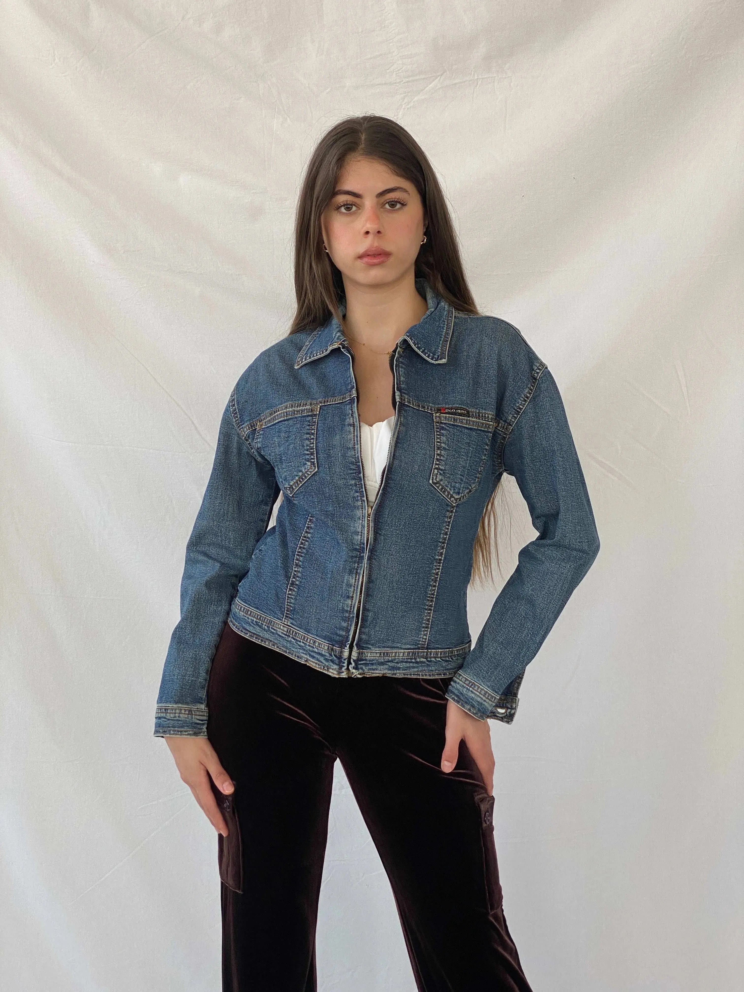 Y2K DKNY Short Fitted Zip Up Denim Jacket - XS - Balagan Vintage Denim Jacket 00s, denim, denim jacket, Mira