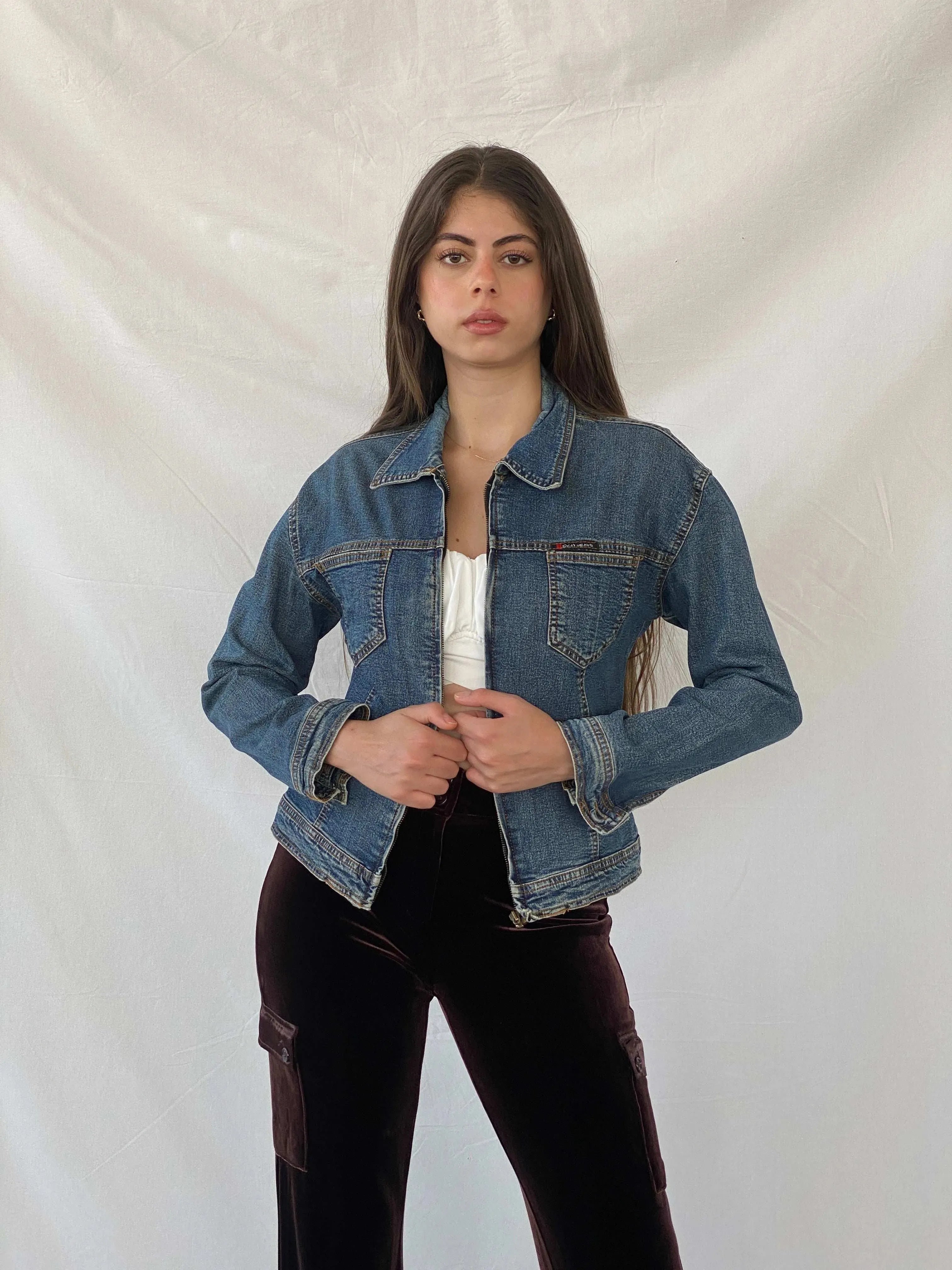 Y2K DKNY Short Fitted Zip Up Denim Jacket - XS - Balagan Vintage Denim Jacket 00s, denim, denim jacket, Mira