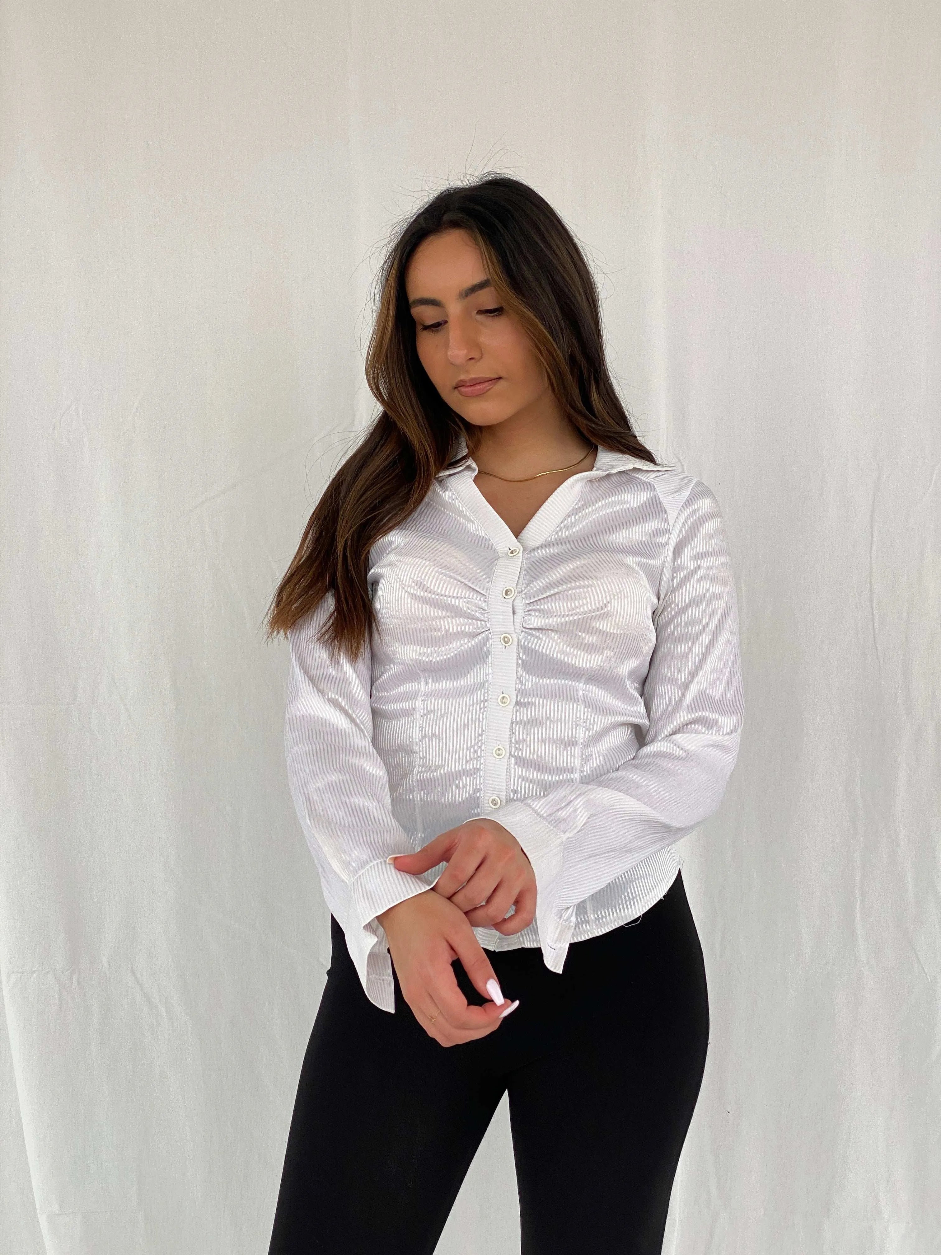 Y2K Donetti Office Core Siren Striped Shirt - Size S - Balagan Vintage Full Sleeve Shirt 00s, Office core, Rama, women shirt