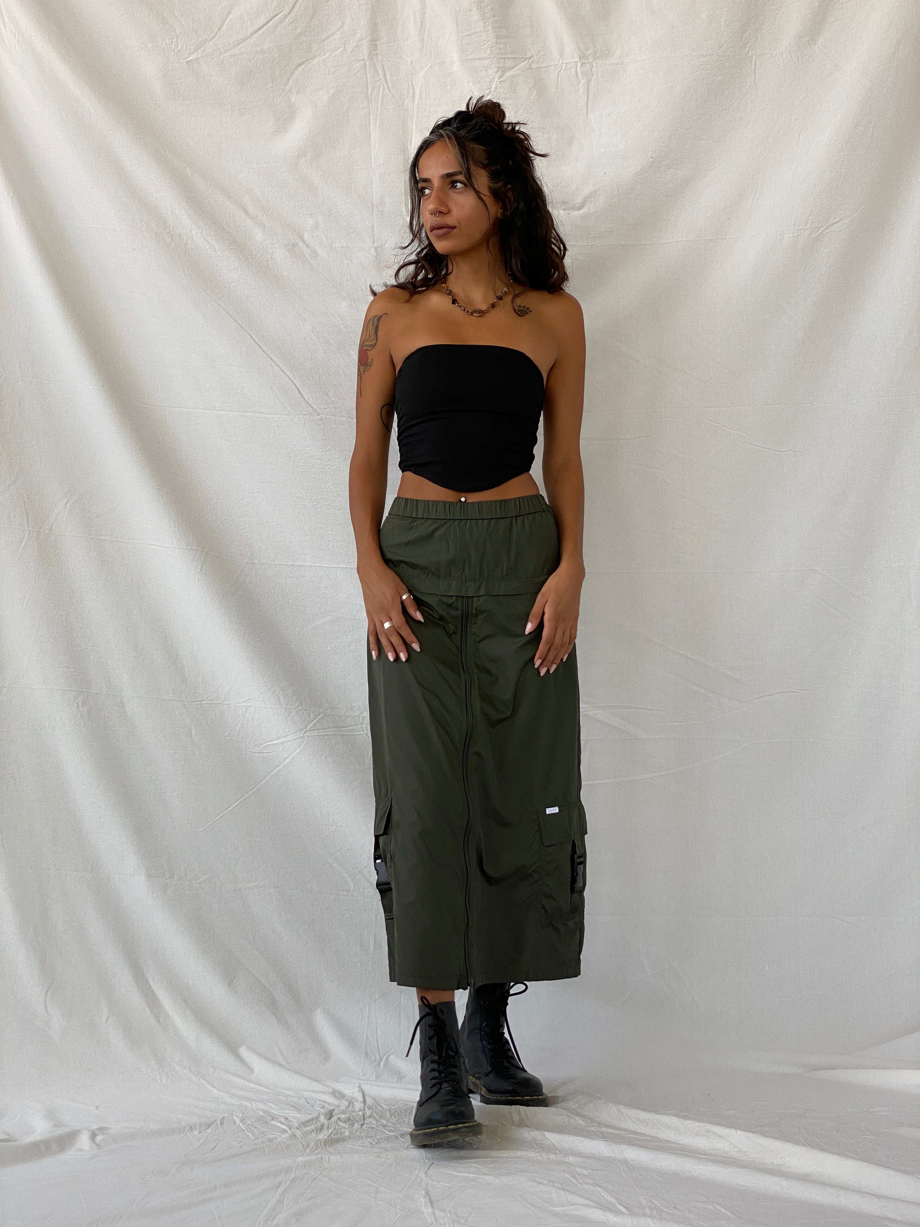 Y2K Espirit Cargo Utility Olive Green Maxi Skirt - XS - Balagan Vintage Maxi Skirt 90s, cargo, cargo skirt, maxi skirt, summer, Tojan