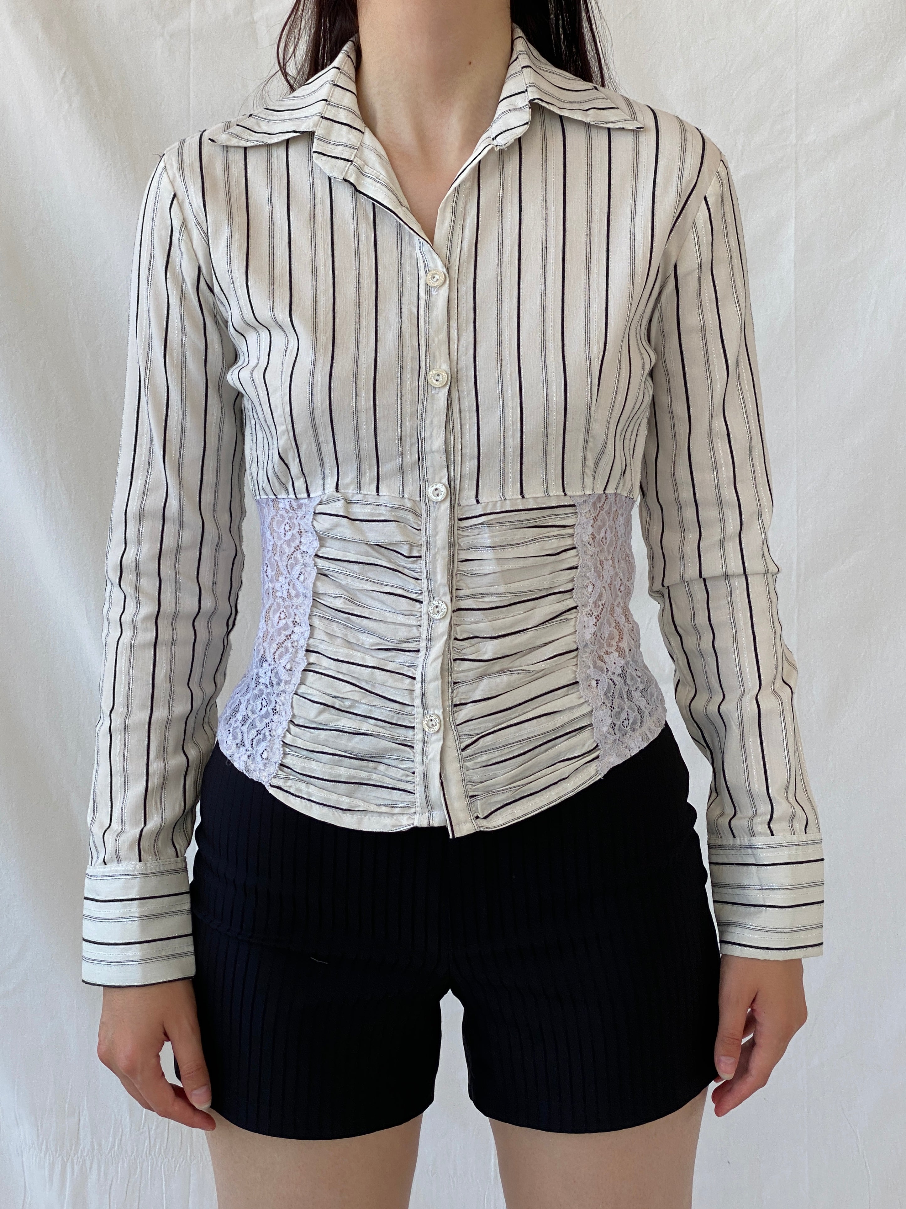 Y2K Explosion White Black Striped Office Core Full Sleeve Shirt - S - Balagan Vintage Full Sleeve Shirt Ayah, full sleeve shirt, NEW IN, Office core, shirt, women shirt