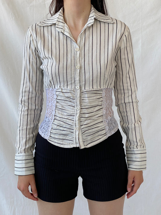 Y2K Explosion White Black Striped Office Core Full Sleeve Shirt - S - Balagan Vintage Full Sleeve Shirt Ayah, full sleeve shirt, NEW IN, Office core, shirt, women shirt