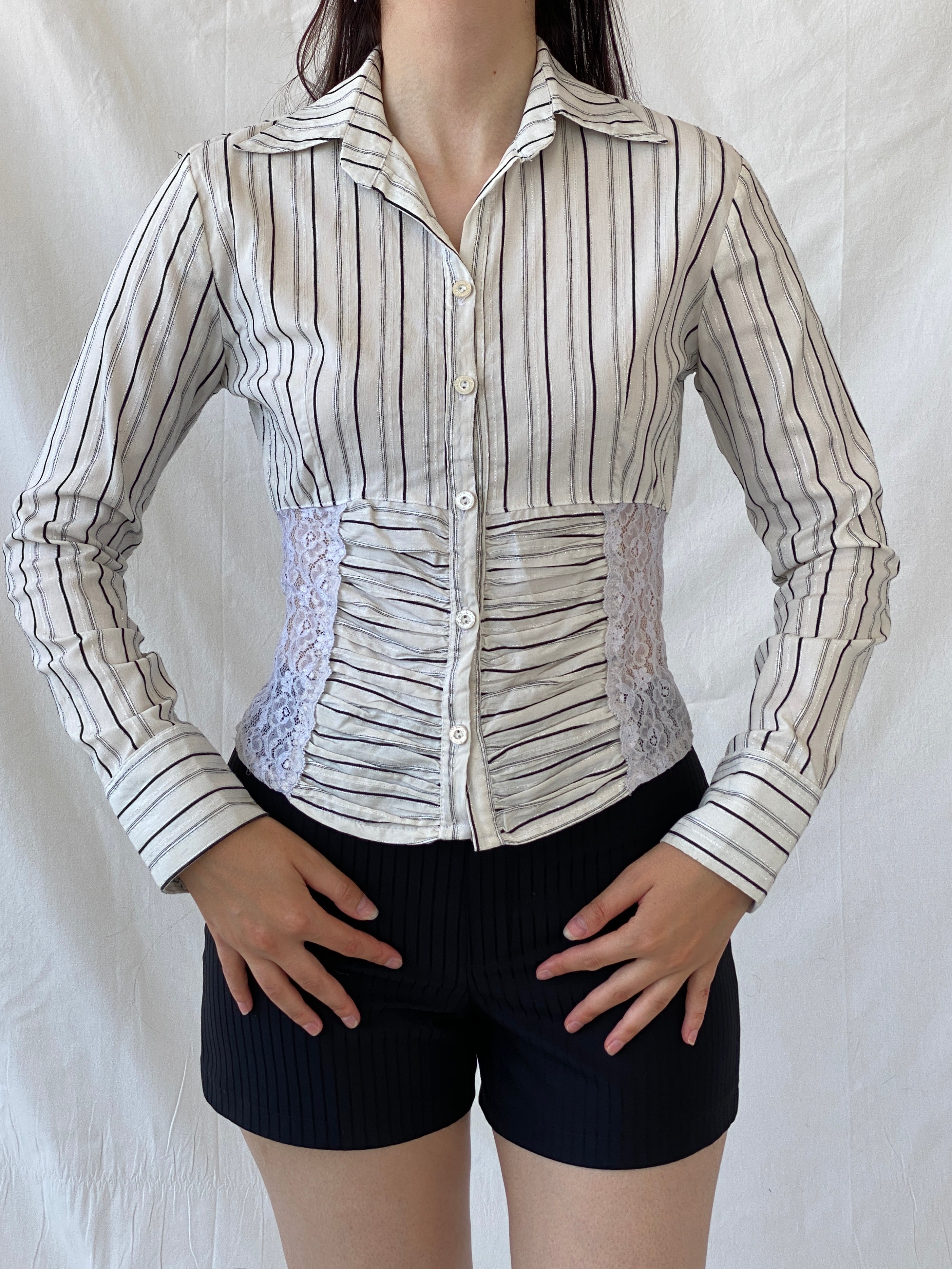 Y2K Explosion White Black Striped Office Core Full Sleeve Shirt - S - Balagan Vintage Full Sleeve Shirt Ayah, full sleeve shirt, NEW IN, Office core, shirt, women shirt