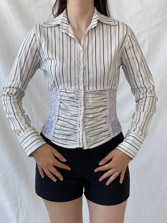Y2K Explosion White Black Striped Office Core Full Sleeve Shirt - S - Balagan Vintage Full Sleeve Shirt Ayah, full sleeve shirt, NEW IN, Office core, shirt, women shirt
