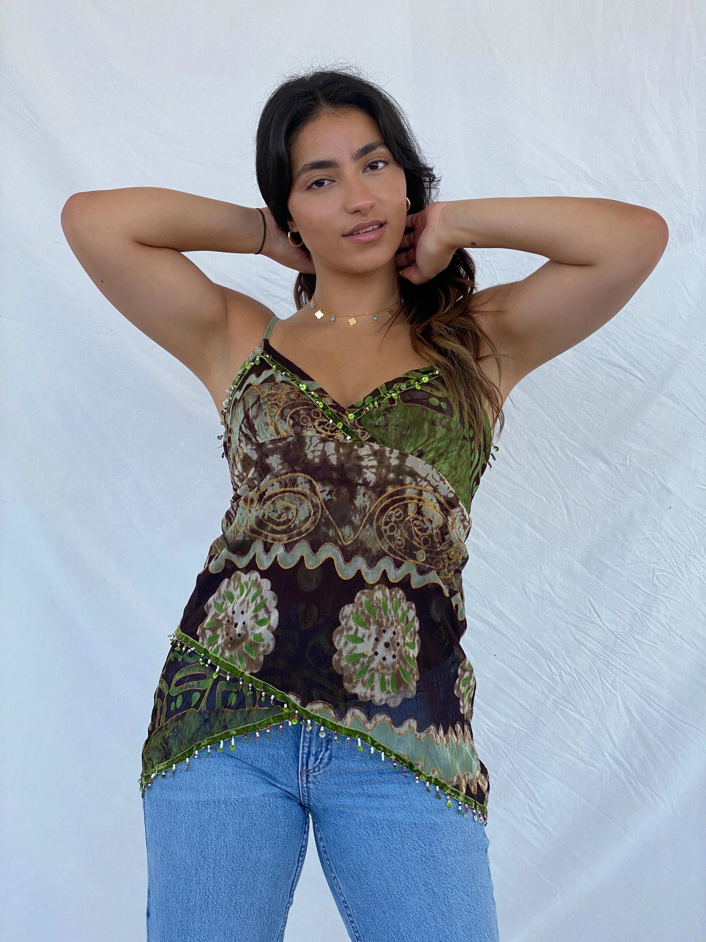 Y2K Expressions Beaded Green and Brown Fairy Asymmetric Cami Top - M - Balagan Vintage Sleeveless Top 00s, Cami, Lana, summer