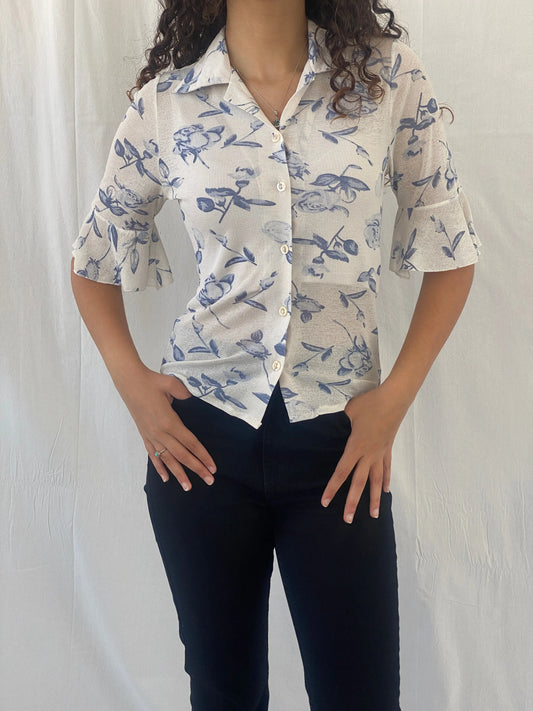 Y2K Farbe Floral White & Blue Button Up Shirt - S - Balagan Vintage Full Sleeve Shirt 00s, Celine, floral, floral shirt, women shirt