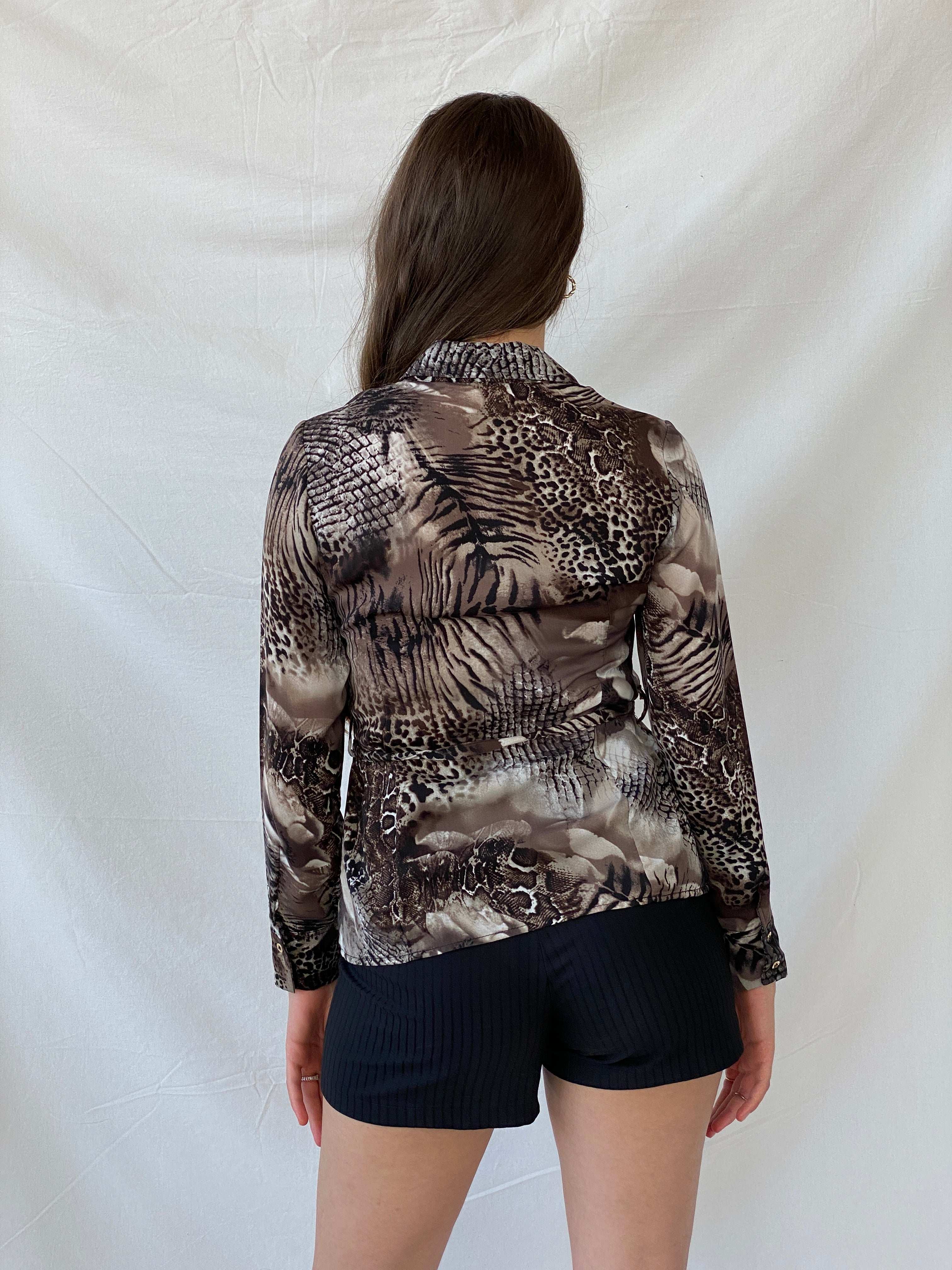 Y2K Festa Animal Print Long Sleeve Tie Waist Gold Buttoned Shirt - M - Balagan Vintage Full Sleeve Shirt 00s, 90s, animal print, Deals, full sleeve shirt, Mira, Office core, rare vintage, women top