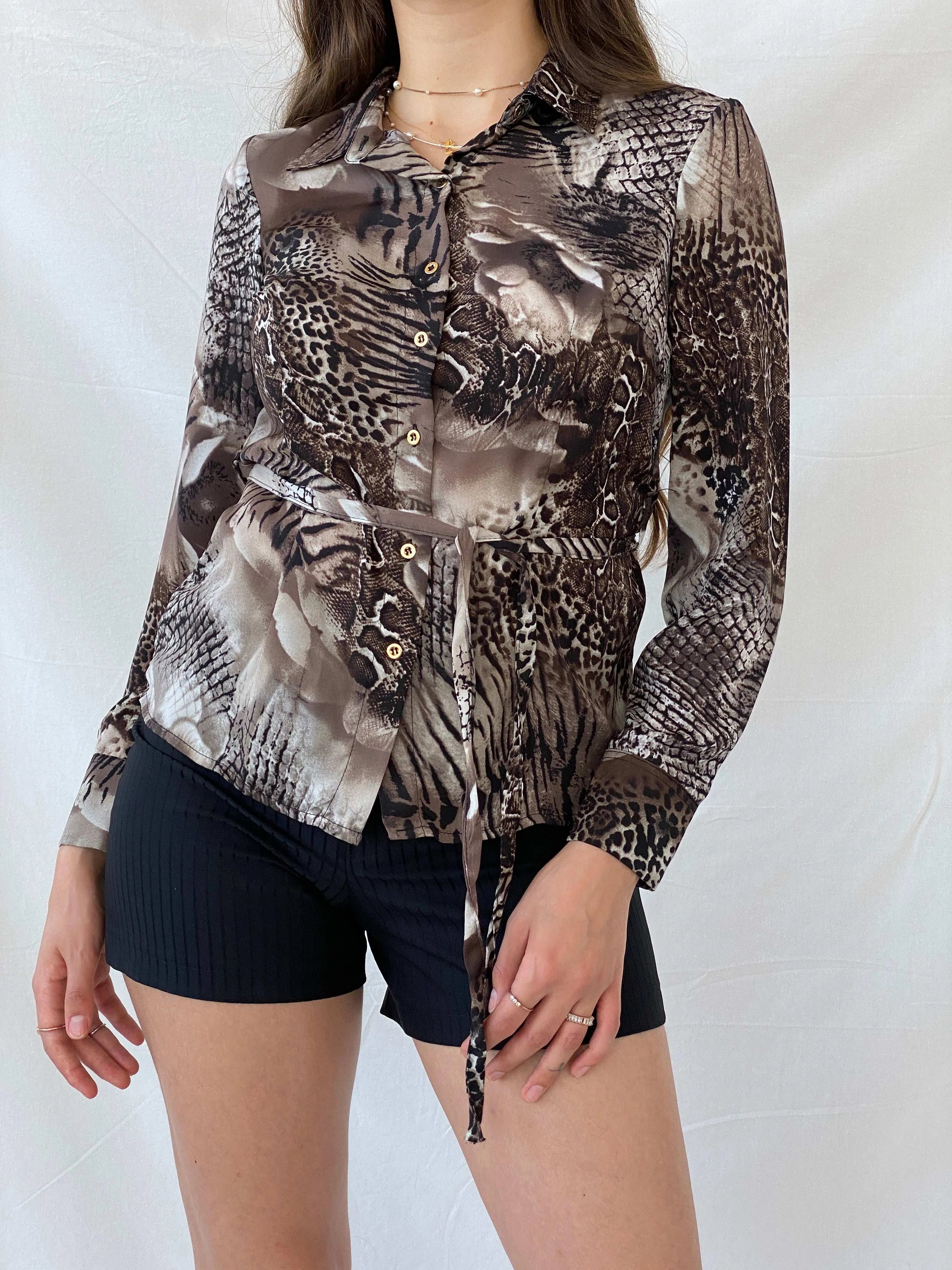 Y2K Festa Animal Print Long Sleeve Tie Waist Gold Buttoned Shirt - M - Balagan Vintage Full Sleeve Shirt 00s, 90s, animal print, full sleeve shirt, Mira, Office core, rare vintage, women top
