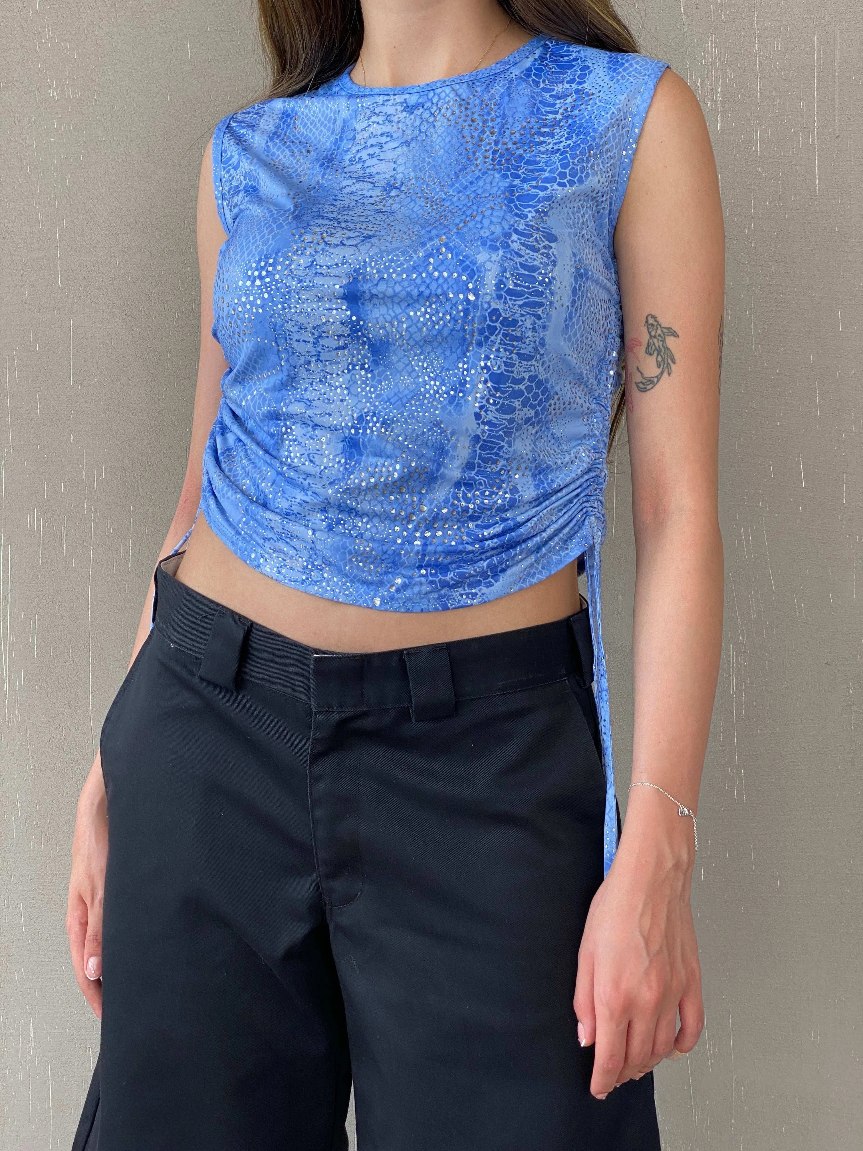 Y2K Festival Blue and Silver Ruched Sides Sleeveless Top - M - Balagan Vintage Sleeveless Top 90s, Mira, sleeveless top, women top