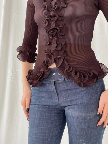 Y2K Fix Chung Ruffled Blouse Sheer Ribbed Brown Women’s Shirt - M - Balagan Vintage Full sleeve Shirt 00s, Ayah, full sleeve shirt, shirt, women shirt