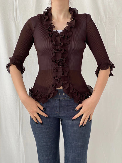 Y2K Fix Chung Ruffled Blouse Sheer Ribbed Brown Women’s Shirt - M - Balagan Vintage Full sleeve Shirt 00s, Ayah, full sleeve shirt, shirt, women shirt