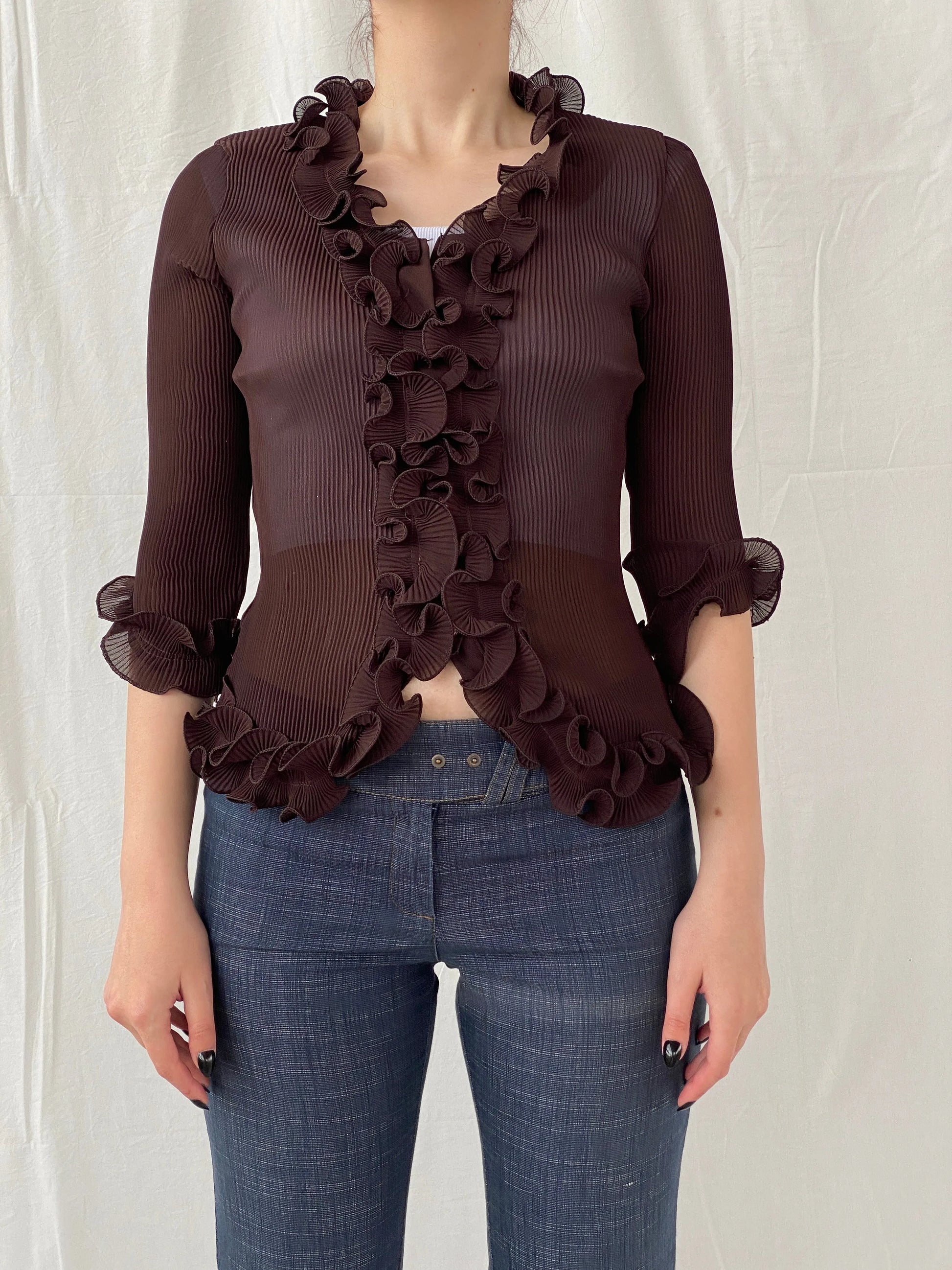Y2K Fix Chung Ruffled Blouse Sheer Ribbed Brown Women’s Shirt - M - Balagan Vintage Full sleeve Shirt 00s, Ayah, full sleeve shirt, shirt, women shirt