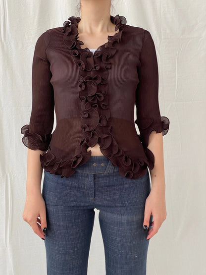 Y2K Fix Chung Ruffled Blouse Sheer Ribbed Brown Women’s Shirt - M - Balagan Vintage Full sleeve Shirt 00s, Ayah, full sleeve shirt, shirt, women shirt