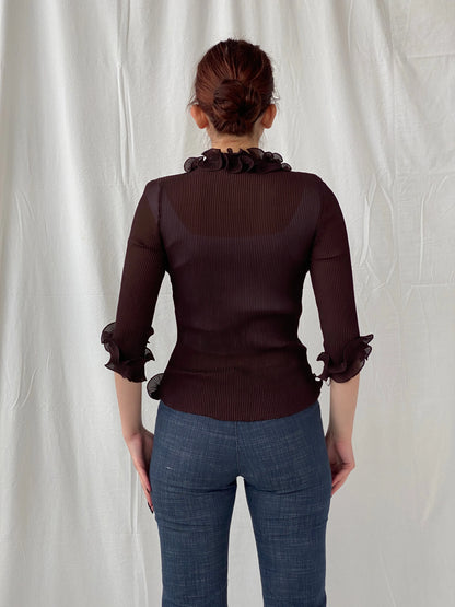 Y2K Fix Chung Ruffled Blouse Sheer Ribbed Brown Women’s Shirt - M - Balagan Vintage Full sleeve Shirt 00s, Ayah, full sleeve shirt, shirt, women shirt