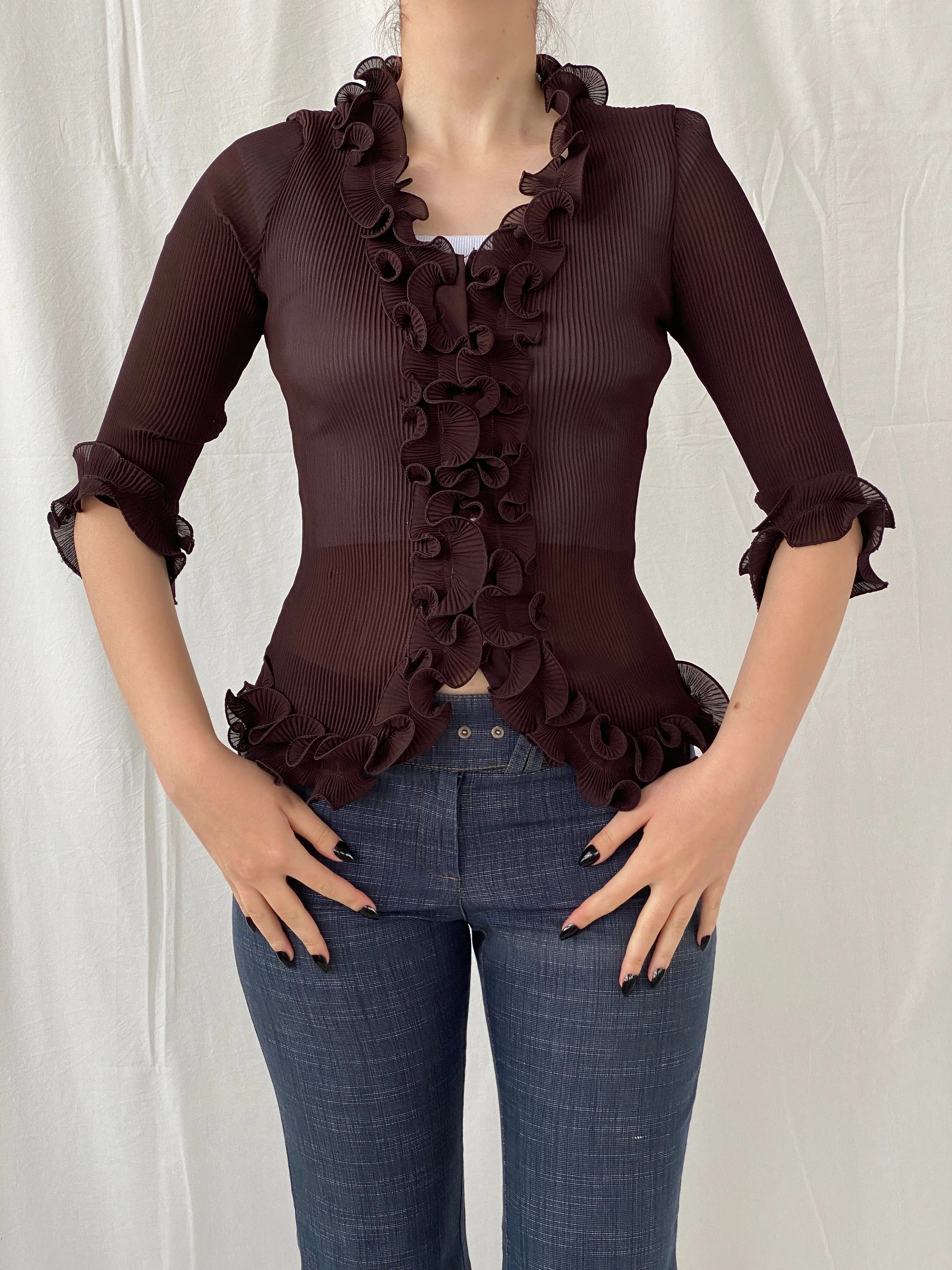 Y2K Fix Chung Ruffled Blouse Sheer Ribbed Brown Women’s Shirt - M - Balagan Vintage Full sleeve Shirt 00s, Ayah, full sleeve shirt, NEW IN, shirt, women shirt