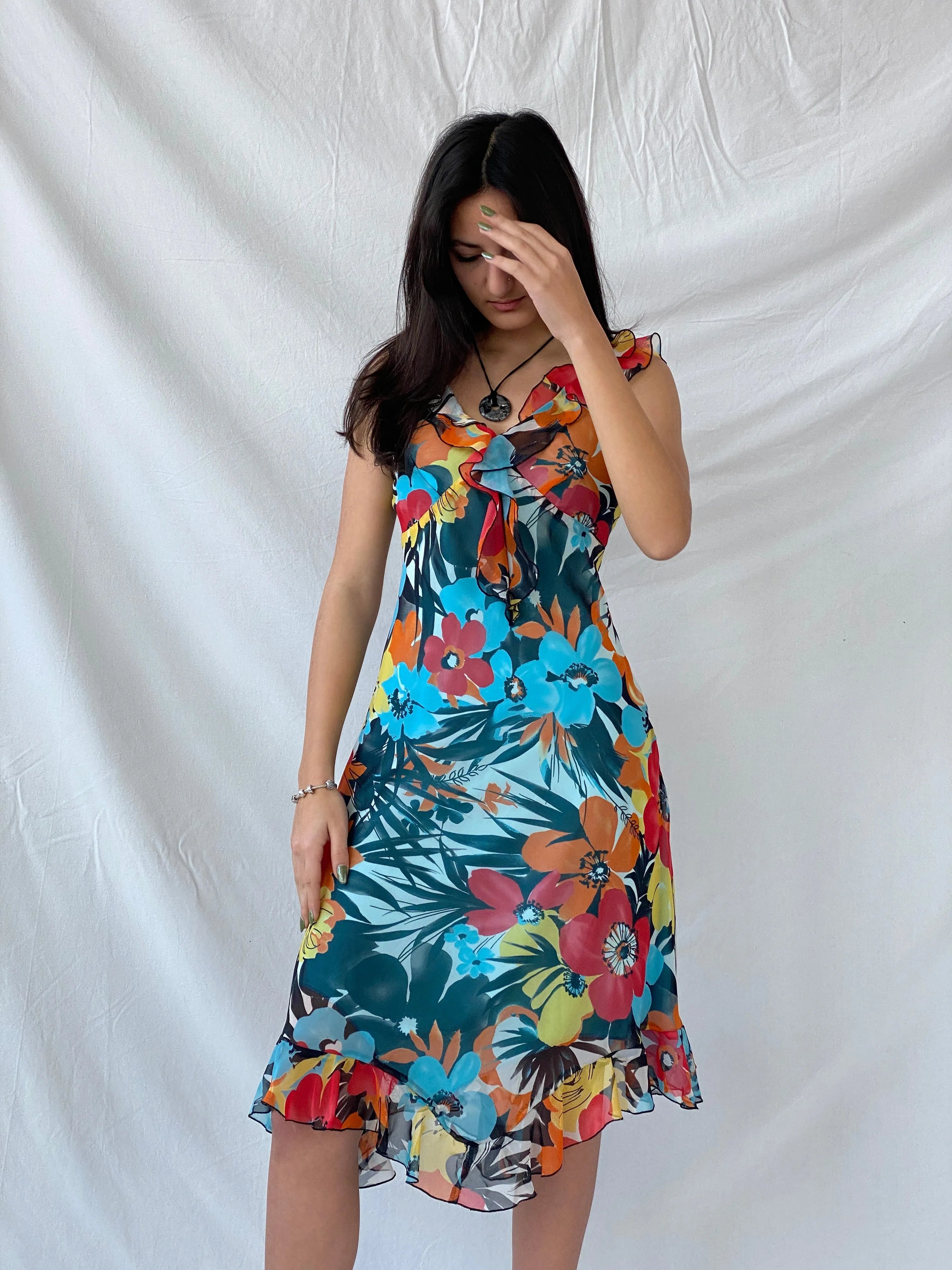 Y2K Floral Blue & Orange Ruffled Midi Dress - M - Balagan Vintage Midi Dress 00s dress, dress, midi dress, Syntia, vintage dress, Wedding Guest