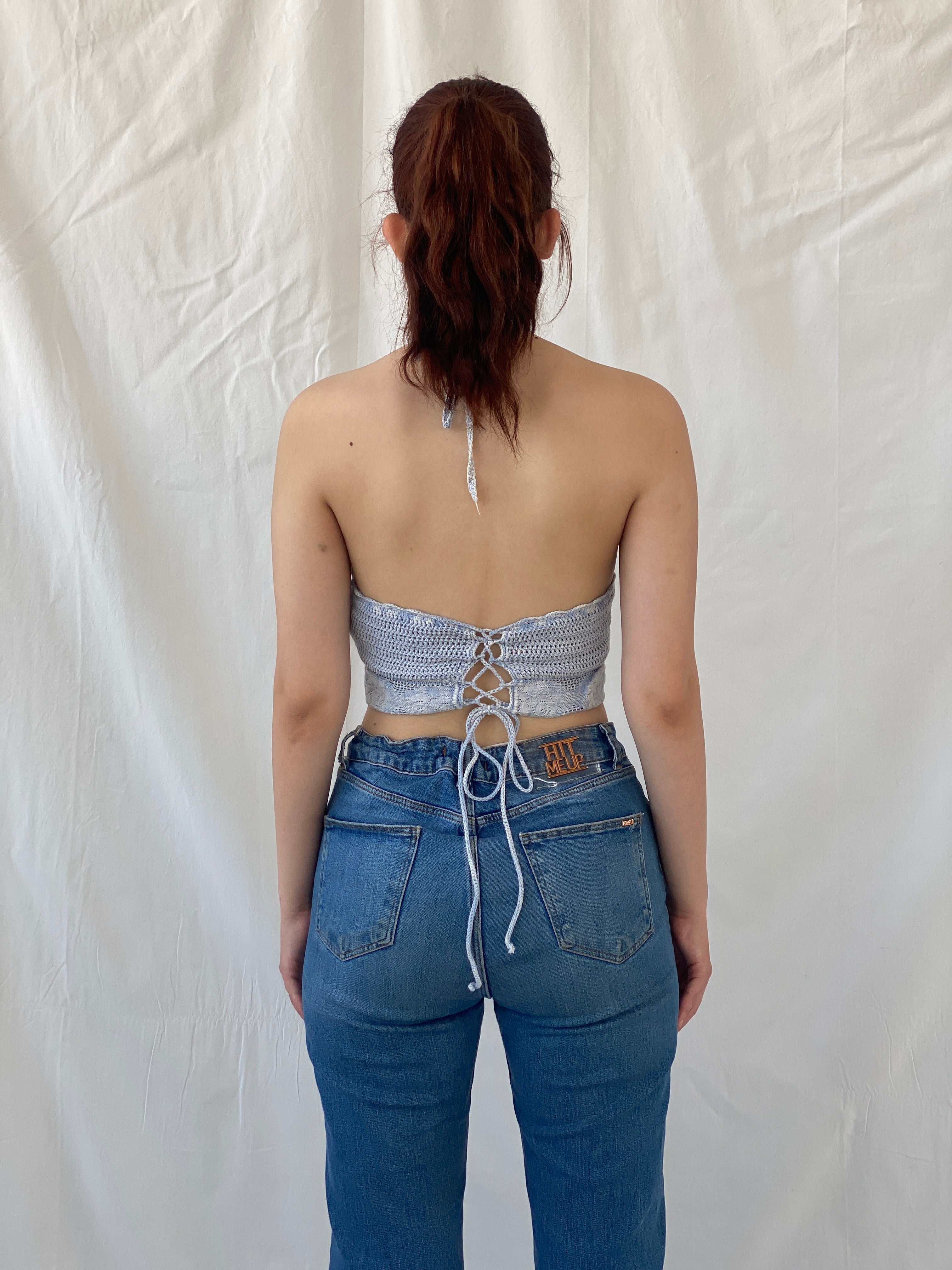 Y2K Forever 21 Marled Knit Halter Neck Blue Crochet Crop Top - S - Balagan Vintage Halter Top 00s, Ayah, knit, knitted, women top