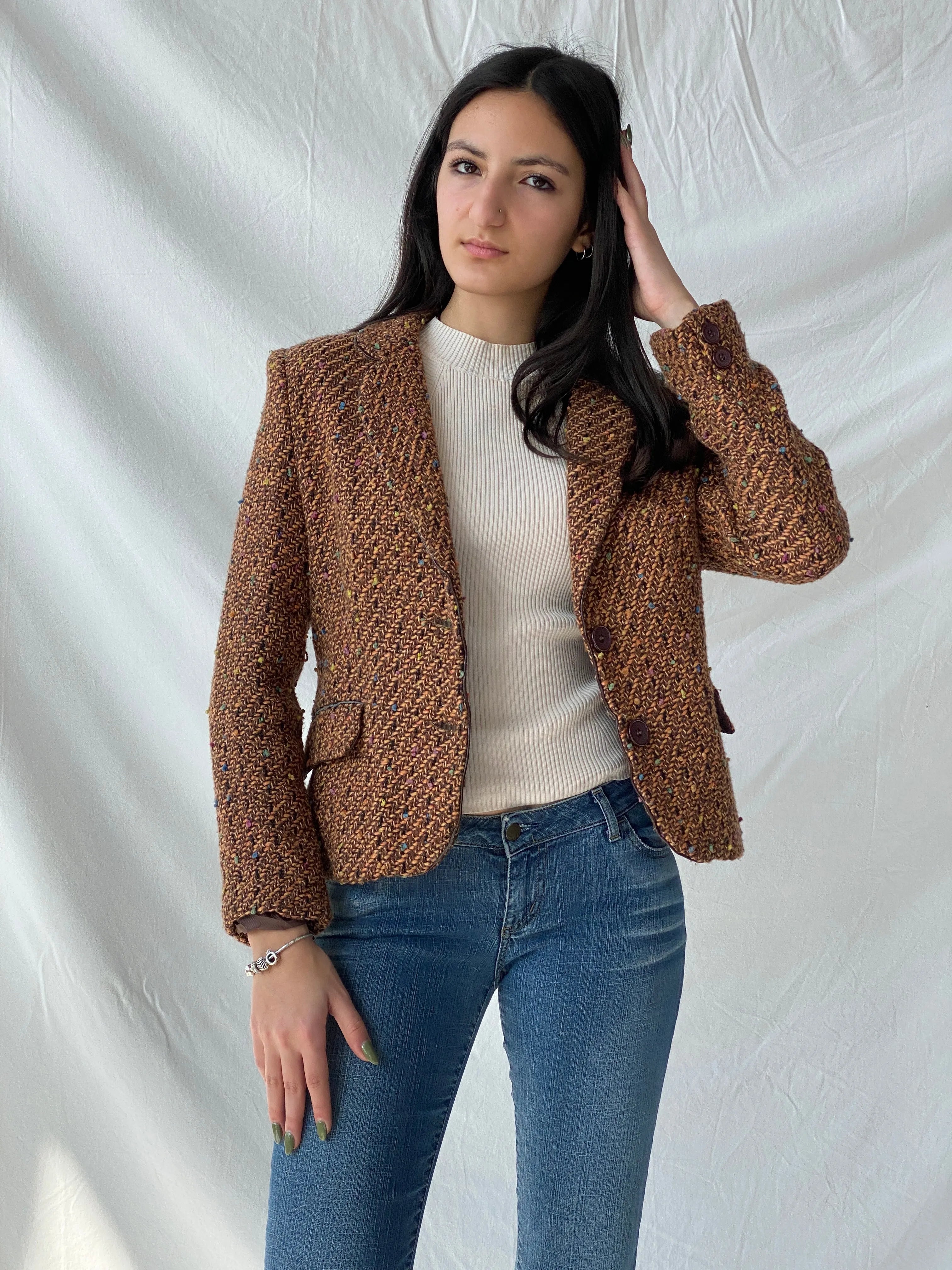 Y2K Frensa Collection Women’s Tweed Brown Blazer - M - Balagan Vintage Blazer 00s, blazer, Coats&Jackets, Office core, Syntia, tweed blazer, Women's Blazers